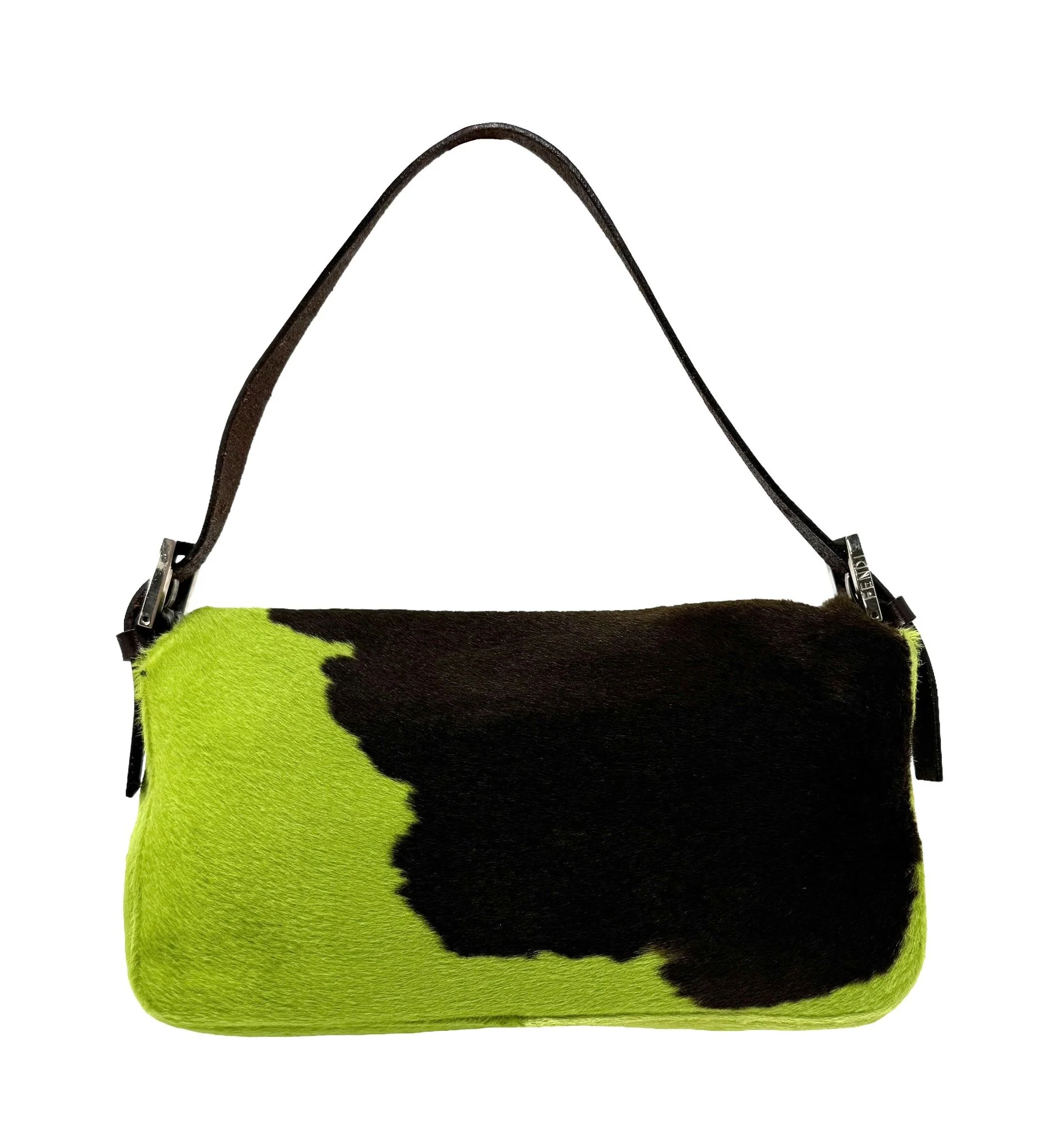 Fendi Lime Green Cow Print Baguette Bag - Image 2