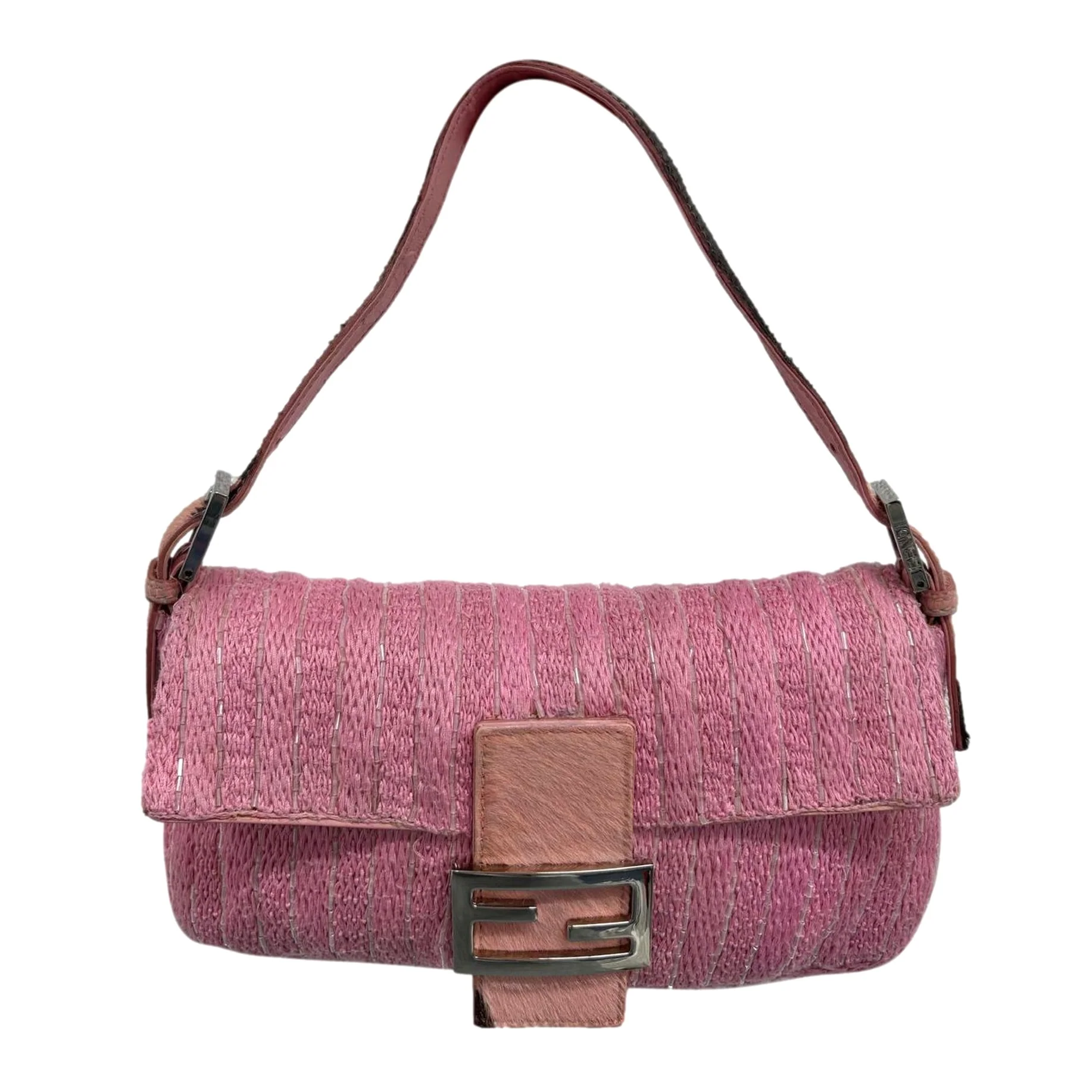 Fendi Pink Beaded Cow Print Baguette Bag