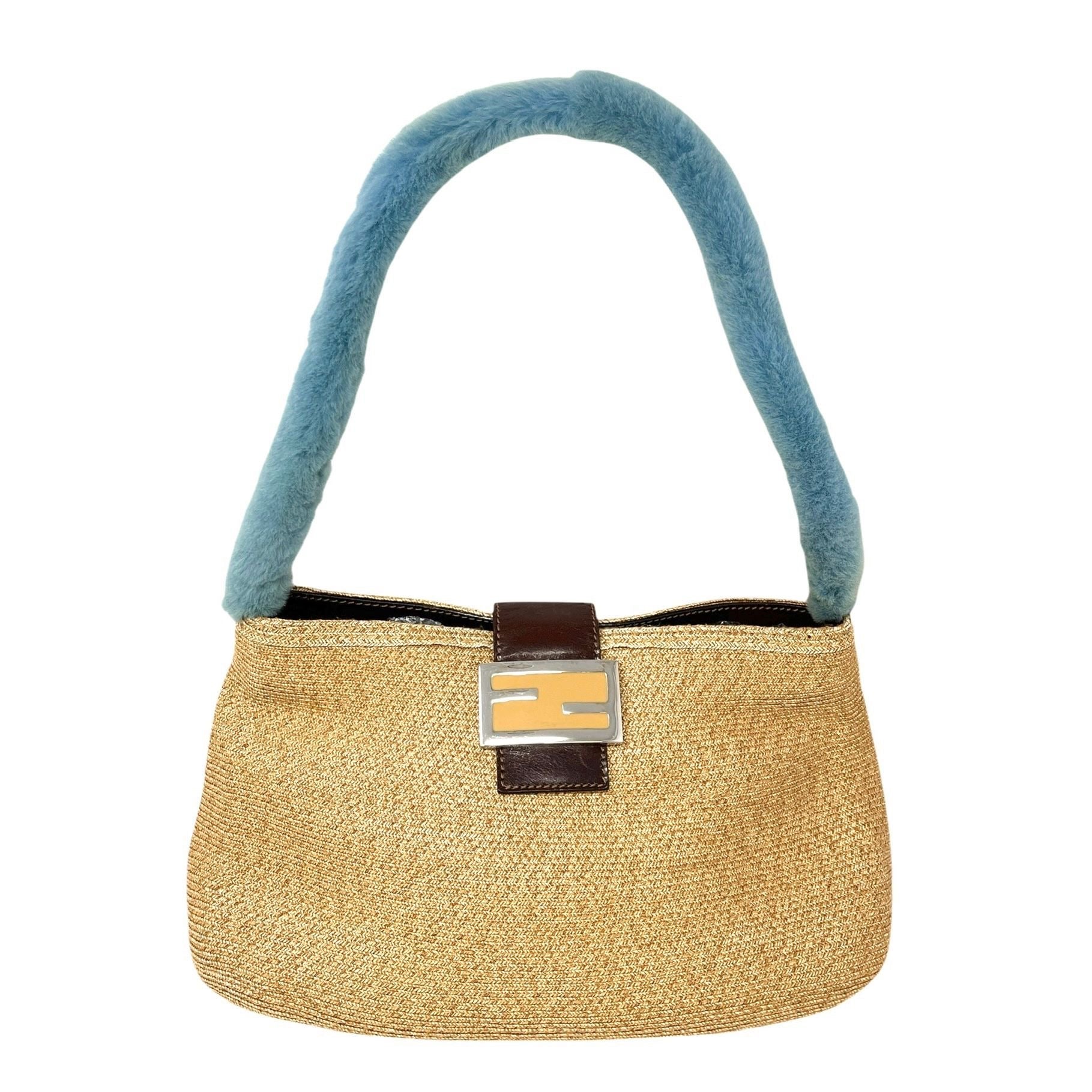 Fendi Rafia + Blue Fur Shoulder Bag