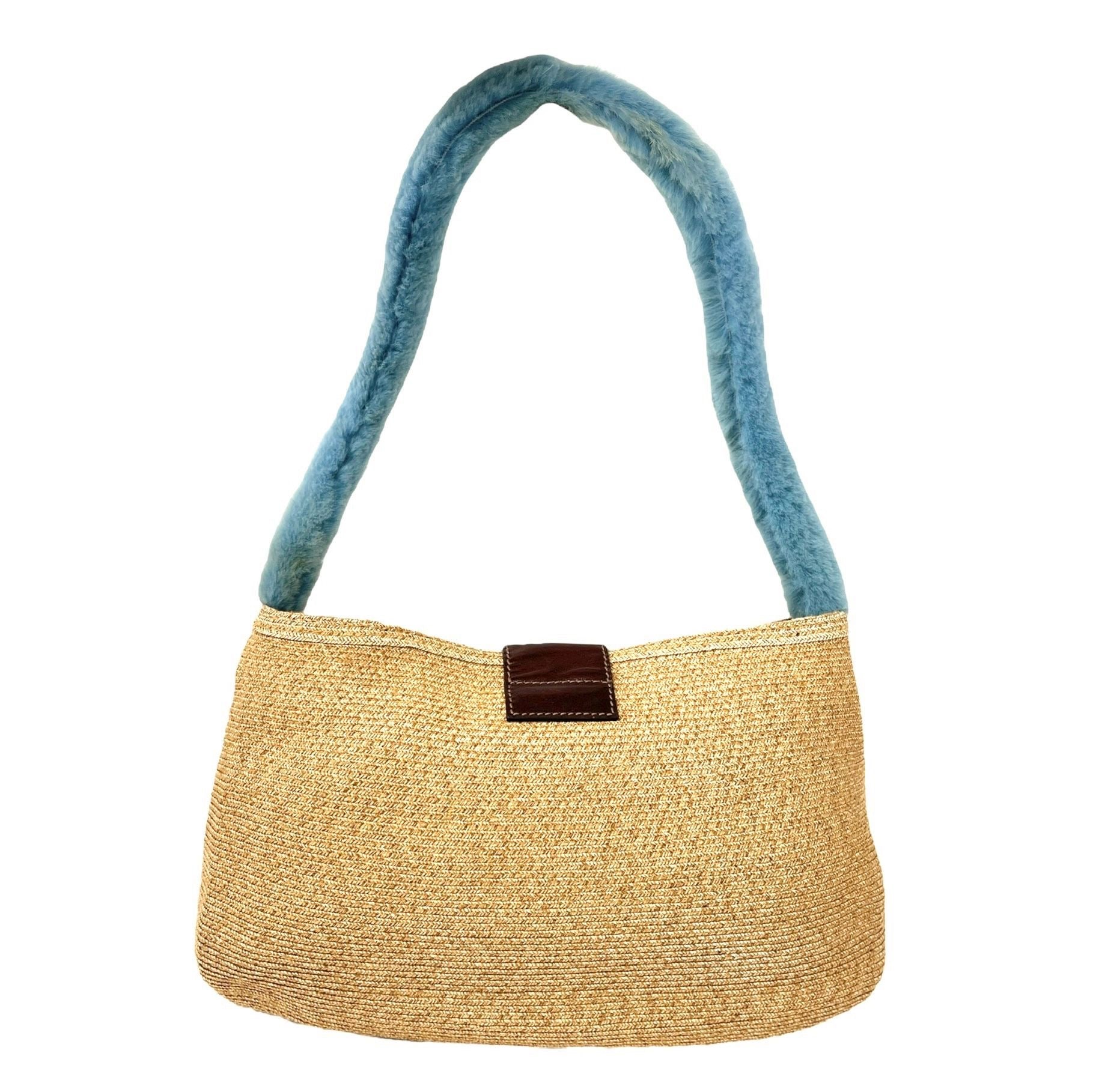Fendi Rafia + Blue Fur Shoulder Bag - Image 2