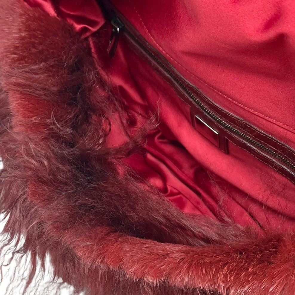 Fendi Red Fur Rhinestone Logo Baguette Bag - Image 3