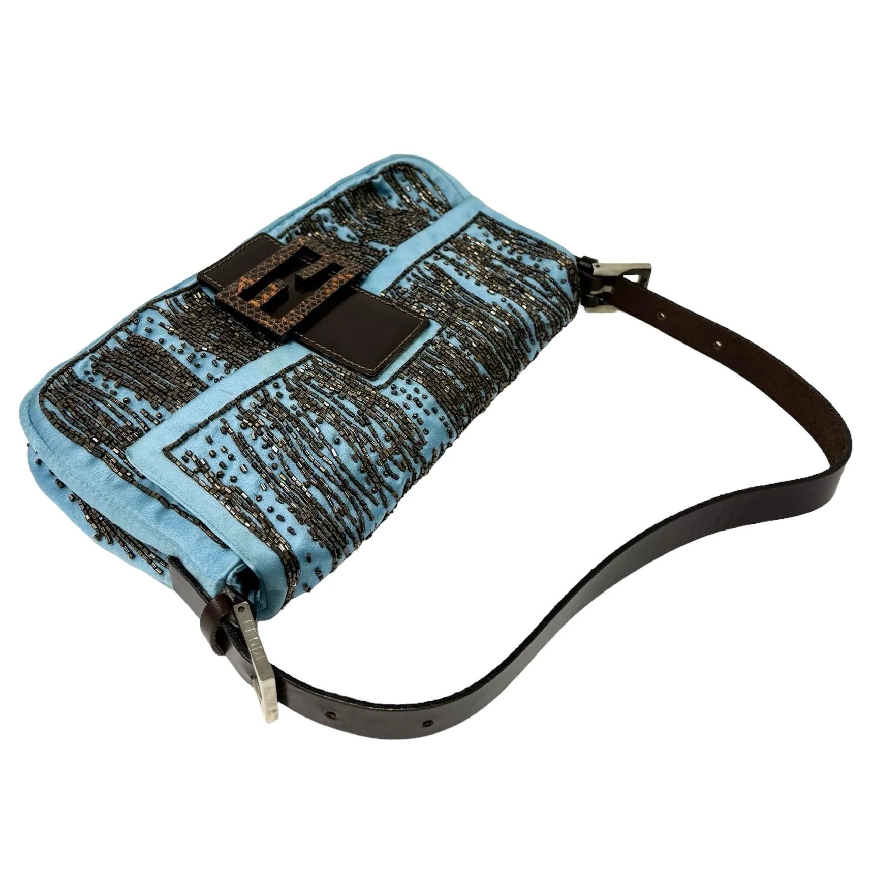 Fendi Satin Beaded Baby Blue Baguette Bag - Image 4