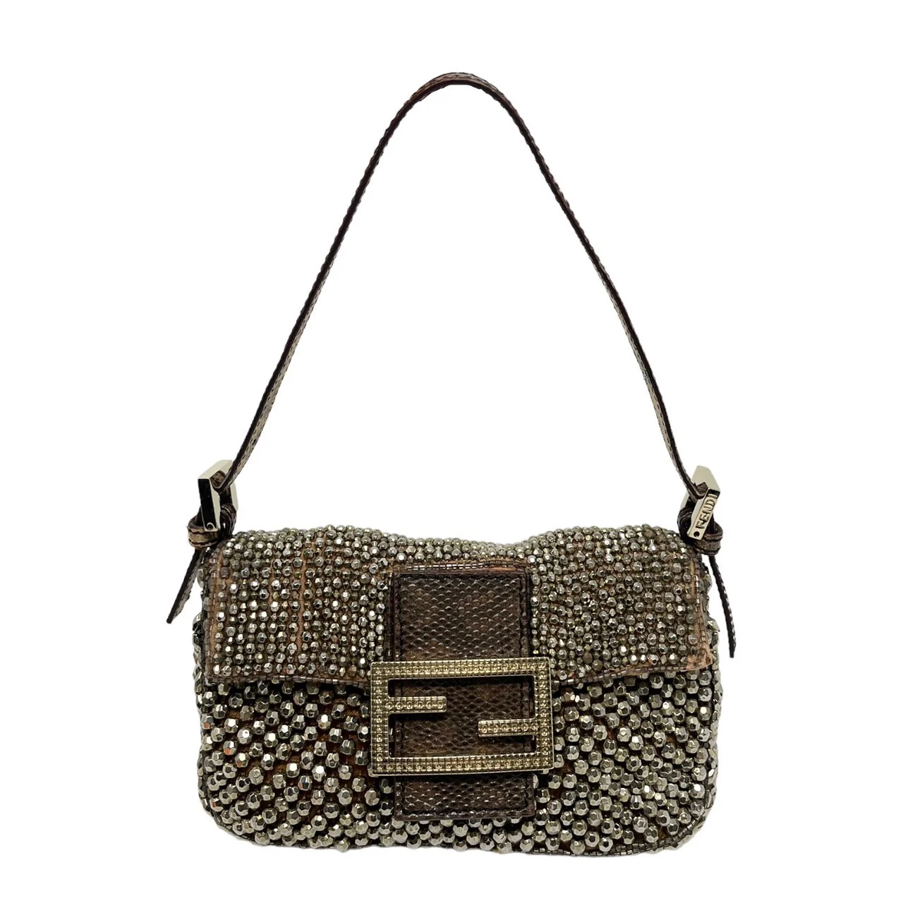 Fendi Silver Logo Beaded Mini Baguette