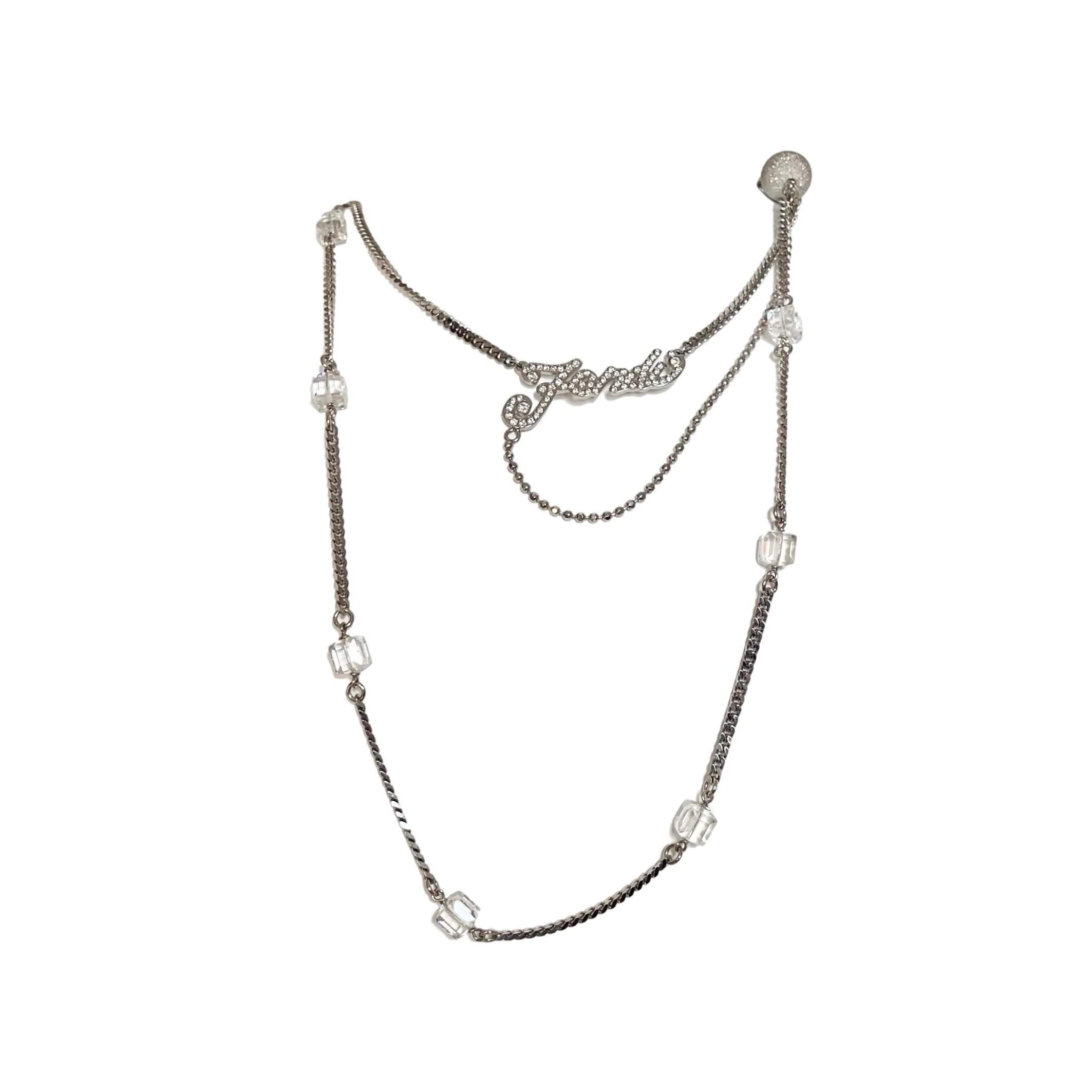 Fendi Silver Logo Jeweled Layered Necklace