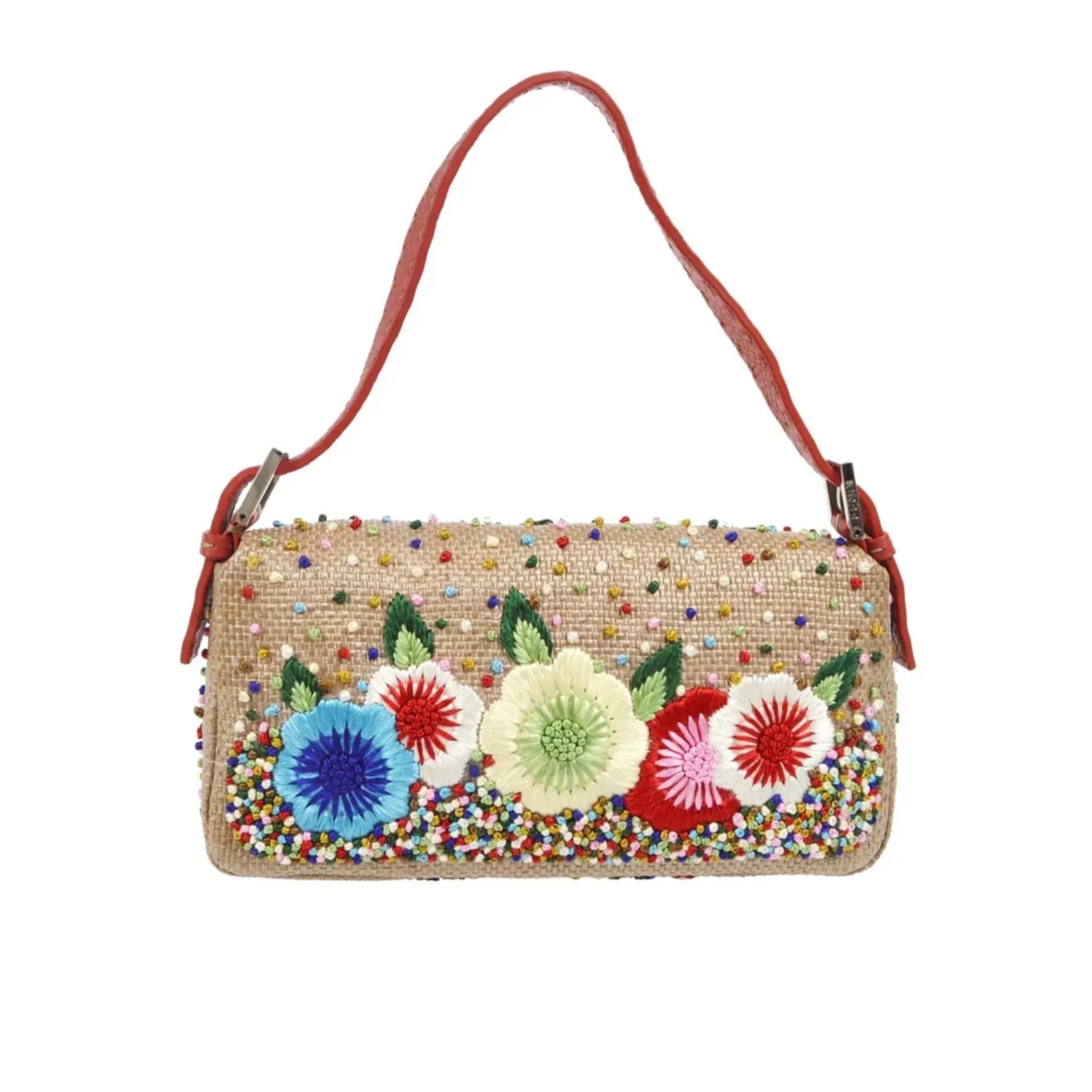 Fendi Tan Embroidered Floral Baguette - Image 2