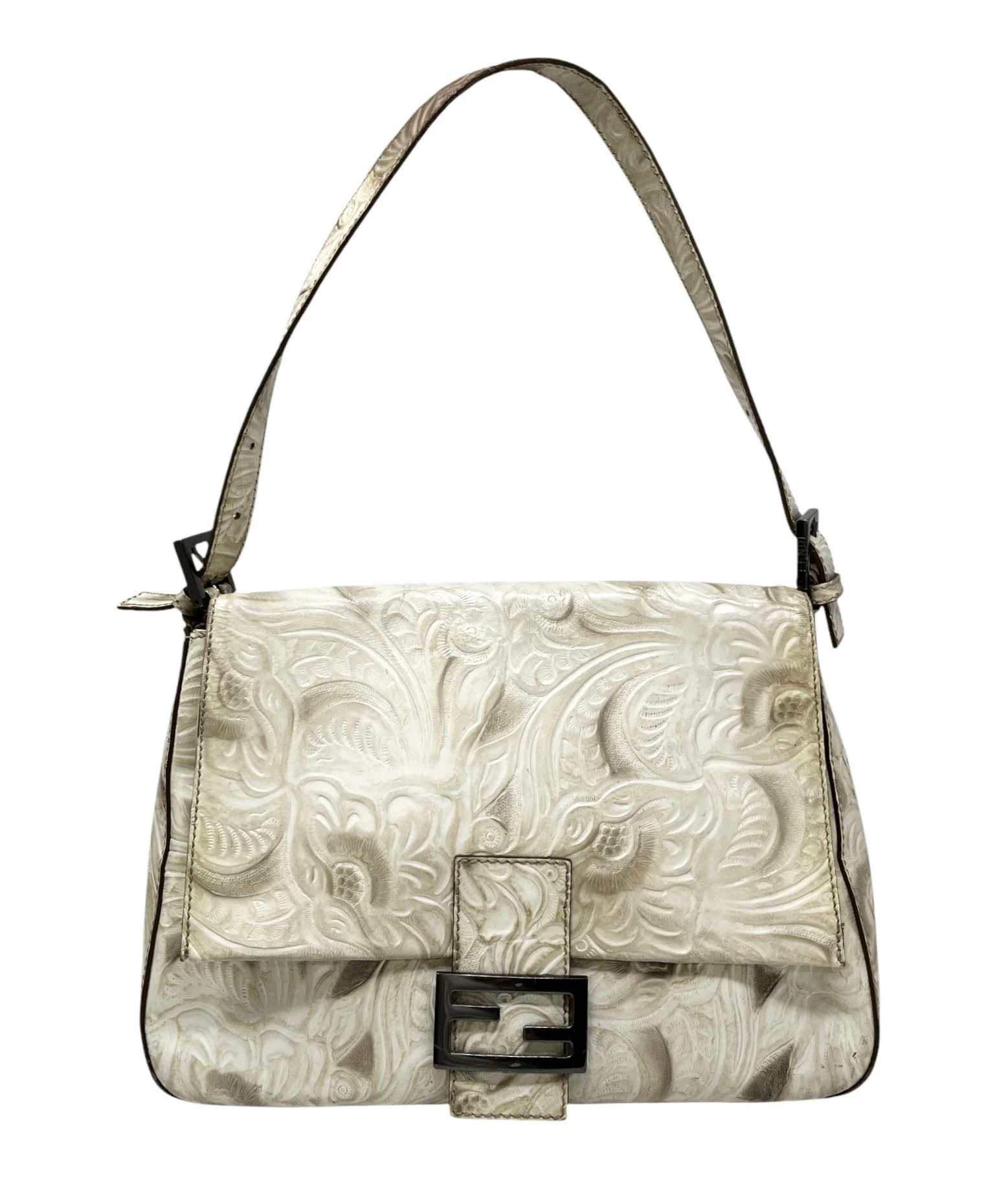 Fendi Ivory + Grey Embossed Leather Mama Baguette Bag
