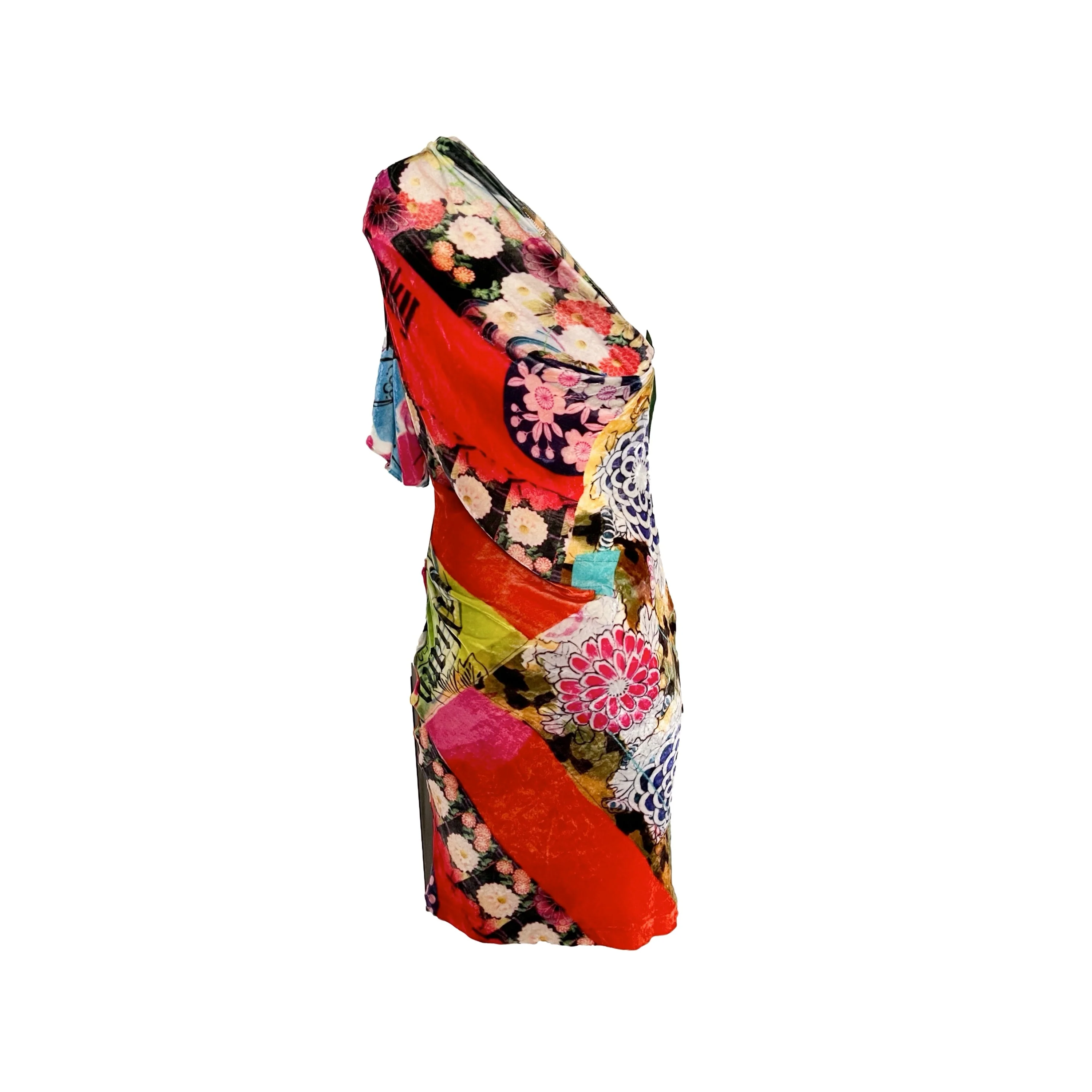 Galliano Multicolor Print Velour One Shoulder Dress - Image 2