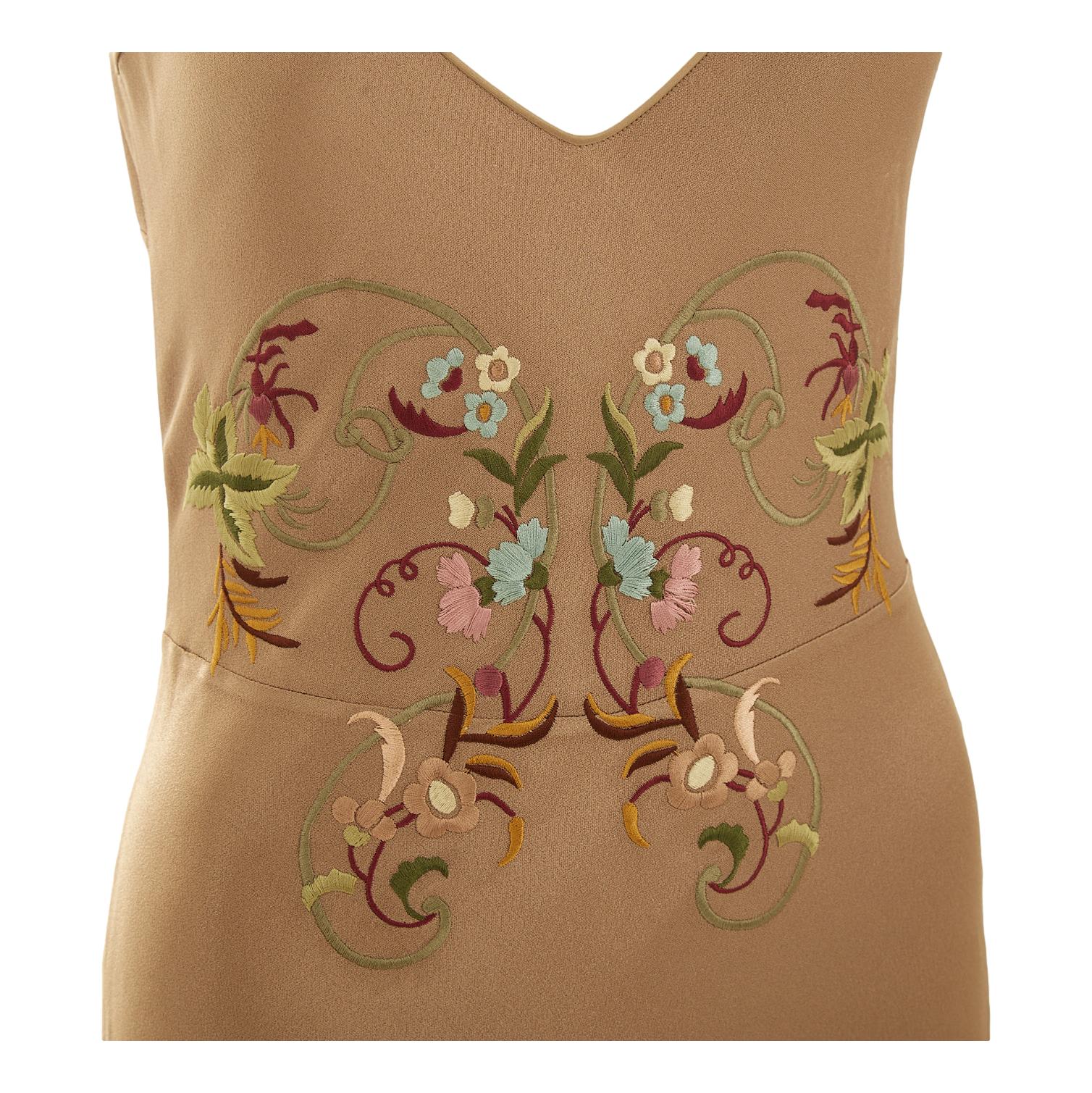 Galliano Tan Floral Embroidered Dress - Image 2