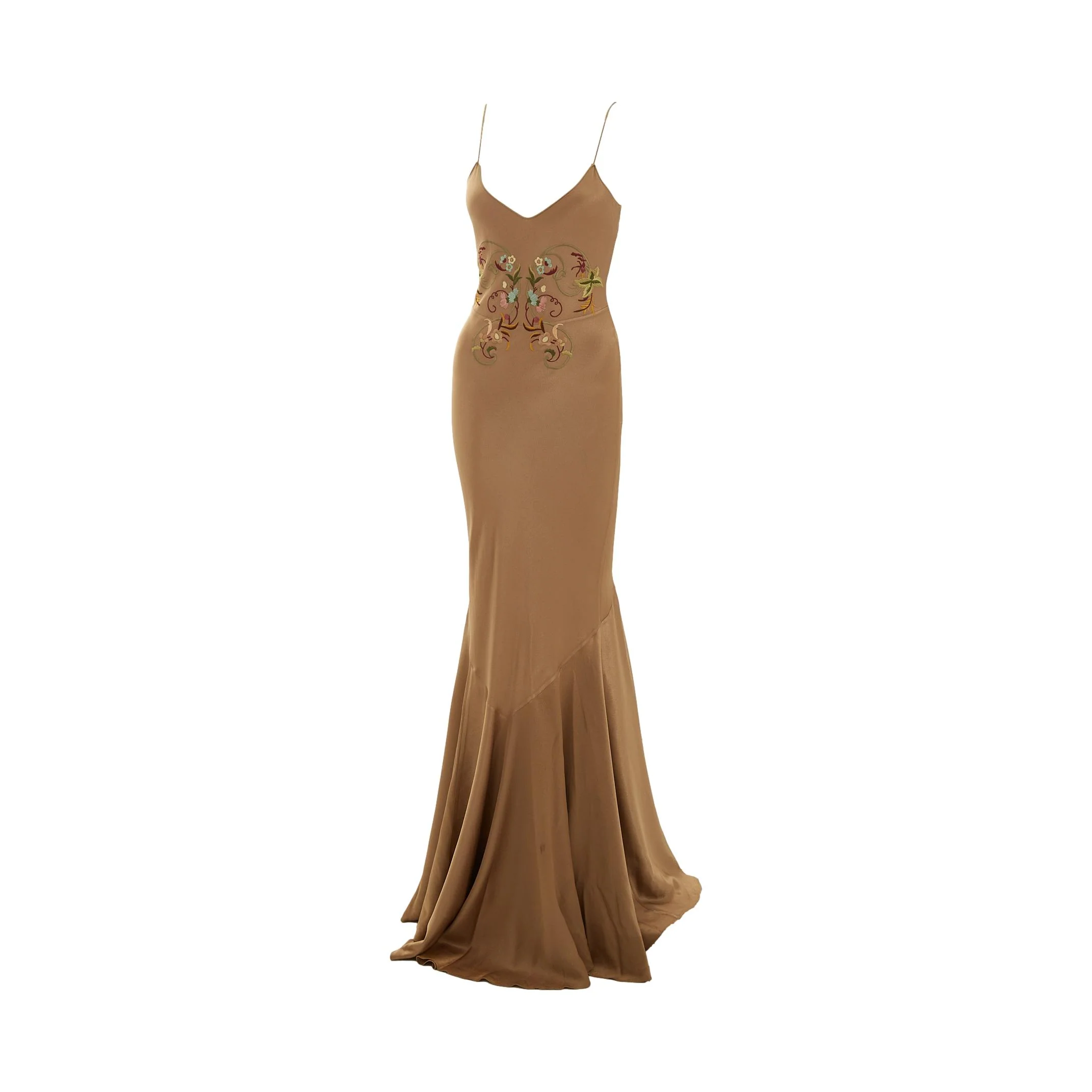 Galliano Tan Floral Embroidered Dress - Image 3