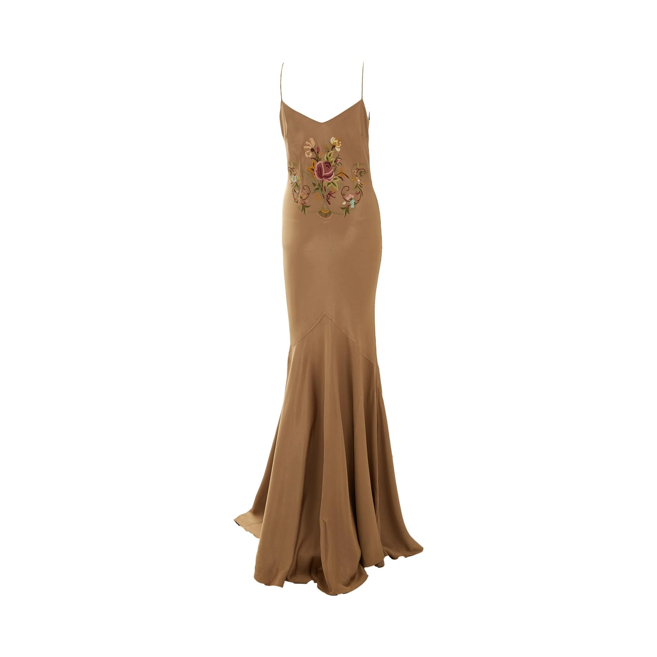 Galliano Tan Floral Embroidered Dress - Image 4