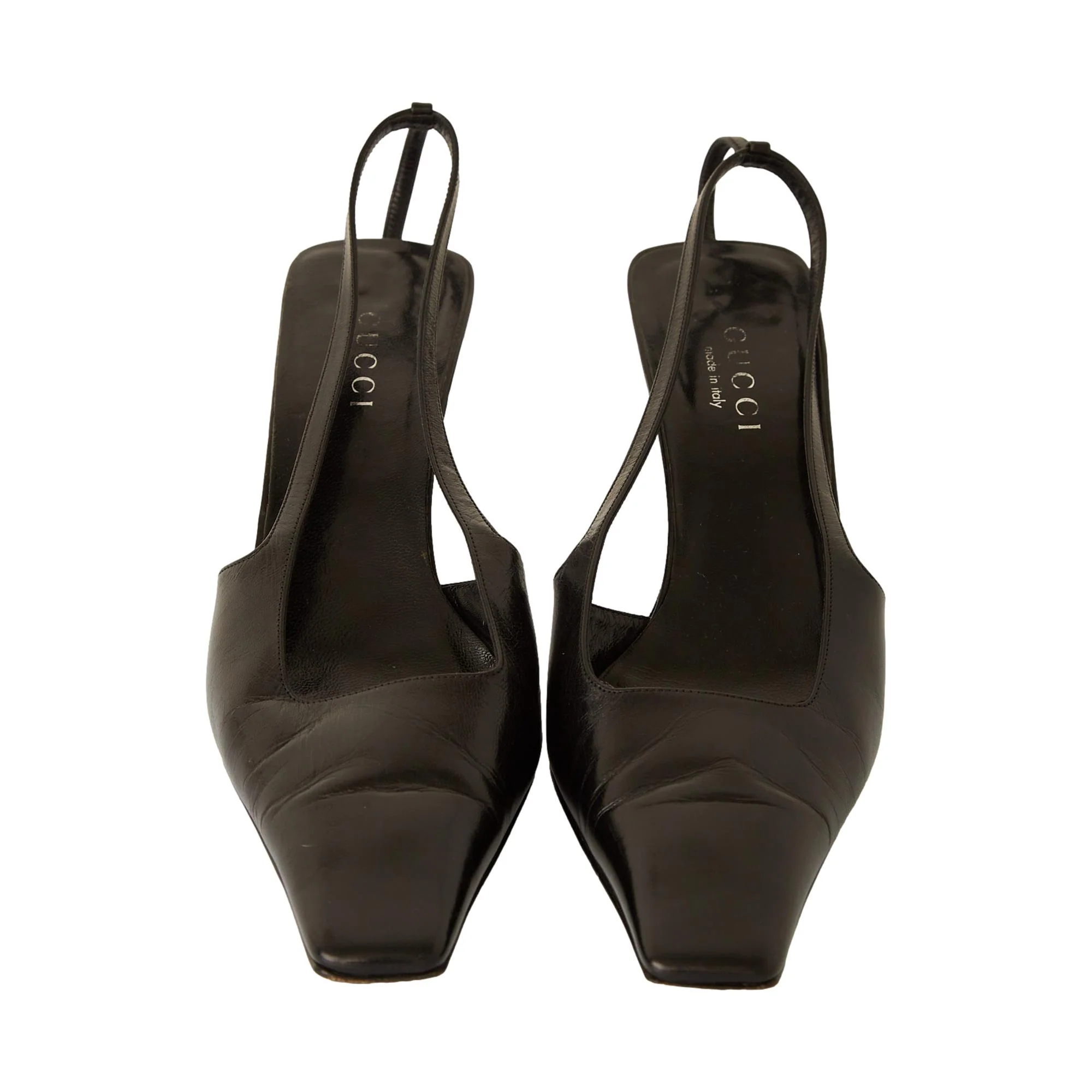 Gucci Black Leather Rhinestone Logo Heels - Image 4
