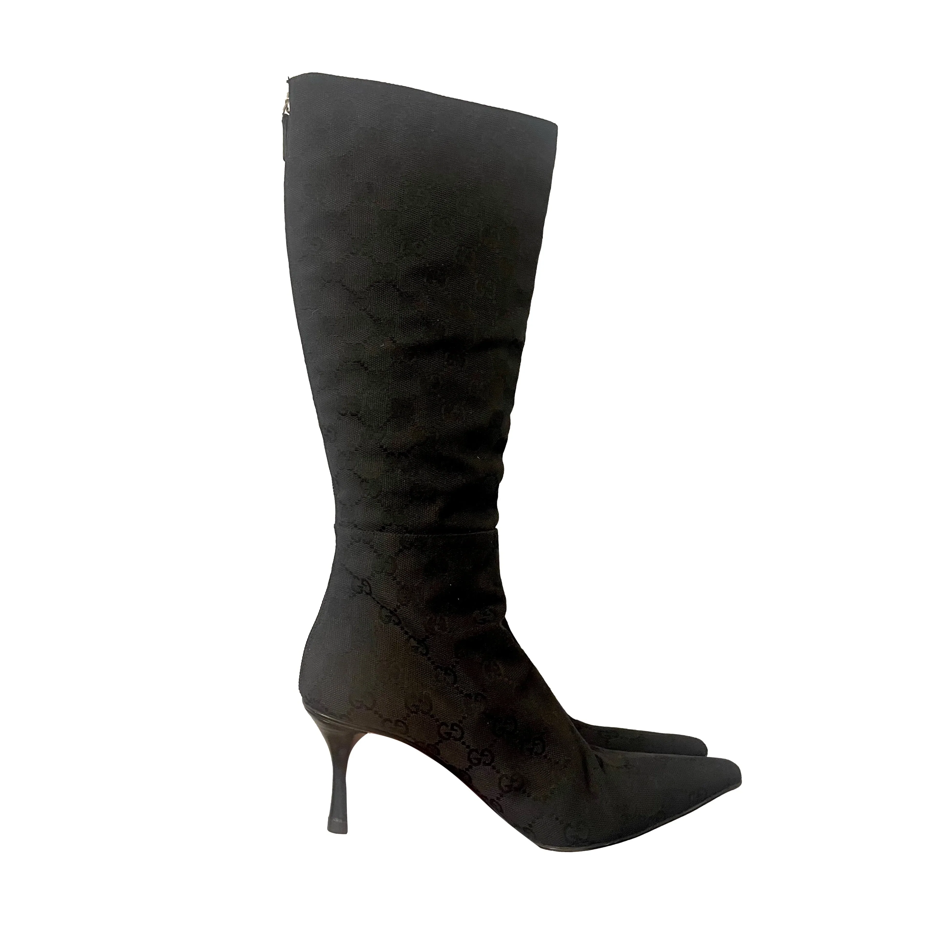 Gucci Black Monogram Knee-High Boots
