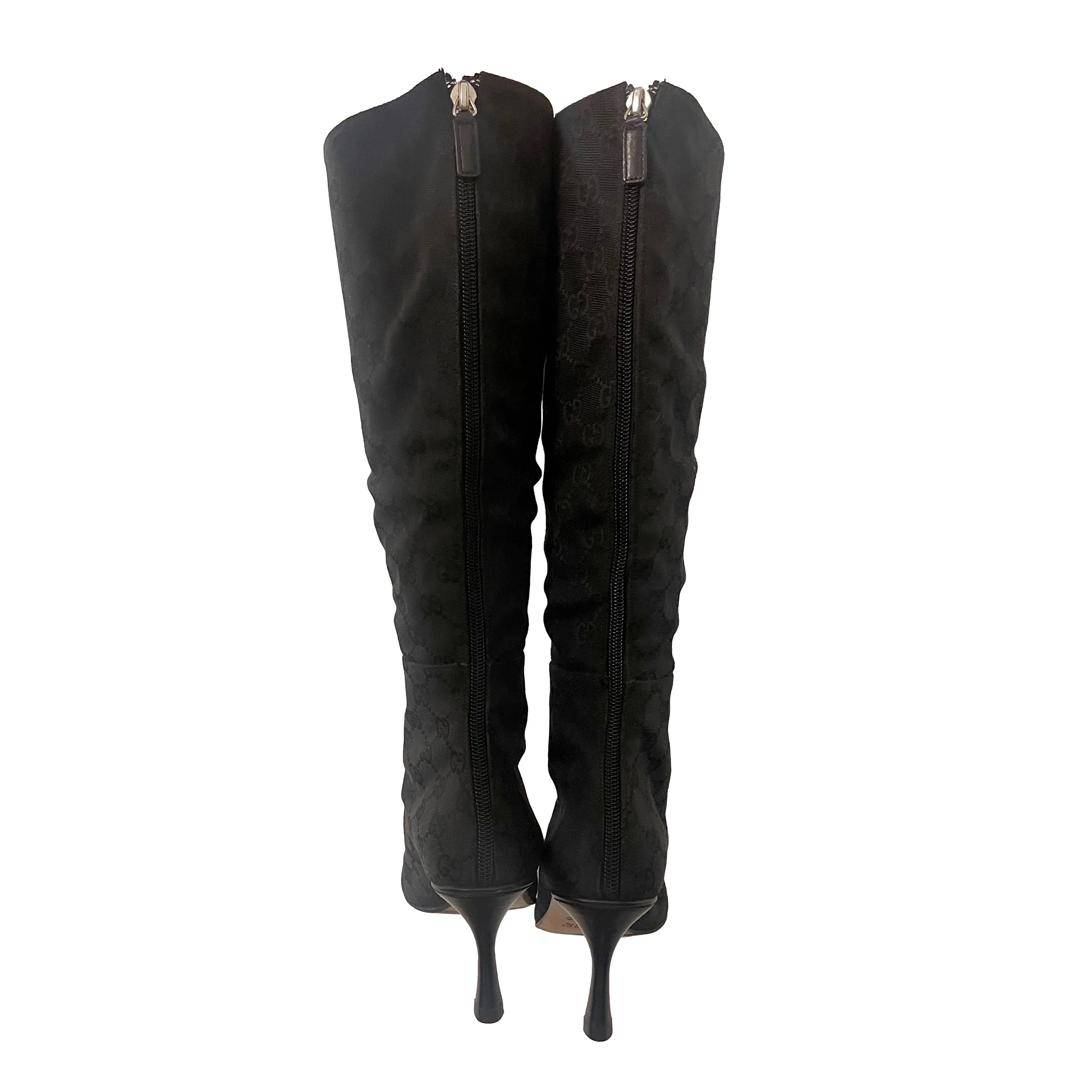 Gucci Black Monogram Knee-High Boots - Image 2