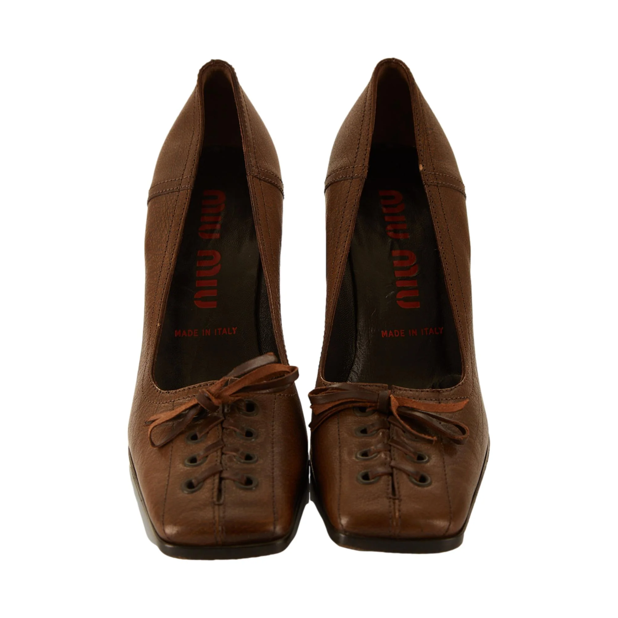 Miu Miu Brown Leather Tie Heels - Image 2