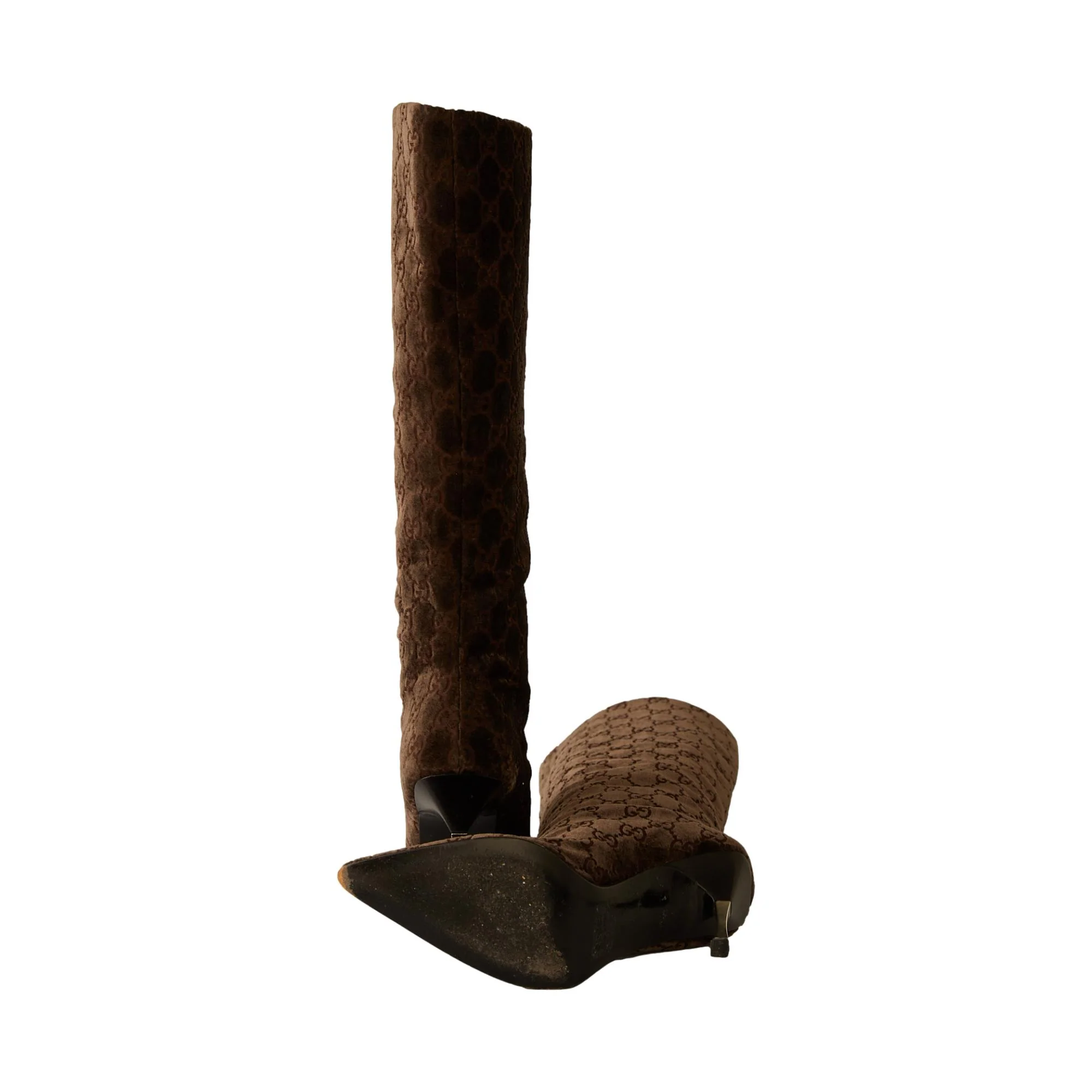 Gucci Brown Velvet Logo Heel Boots - Image 3