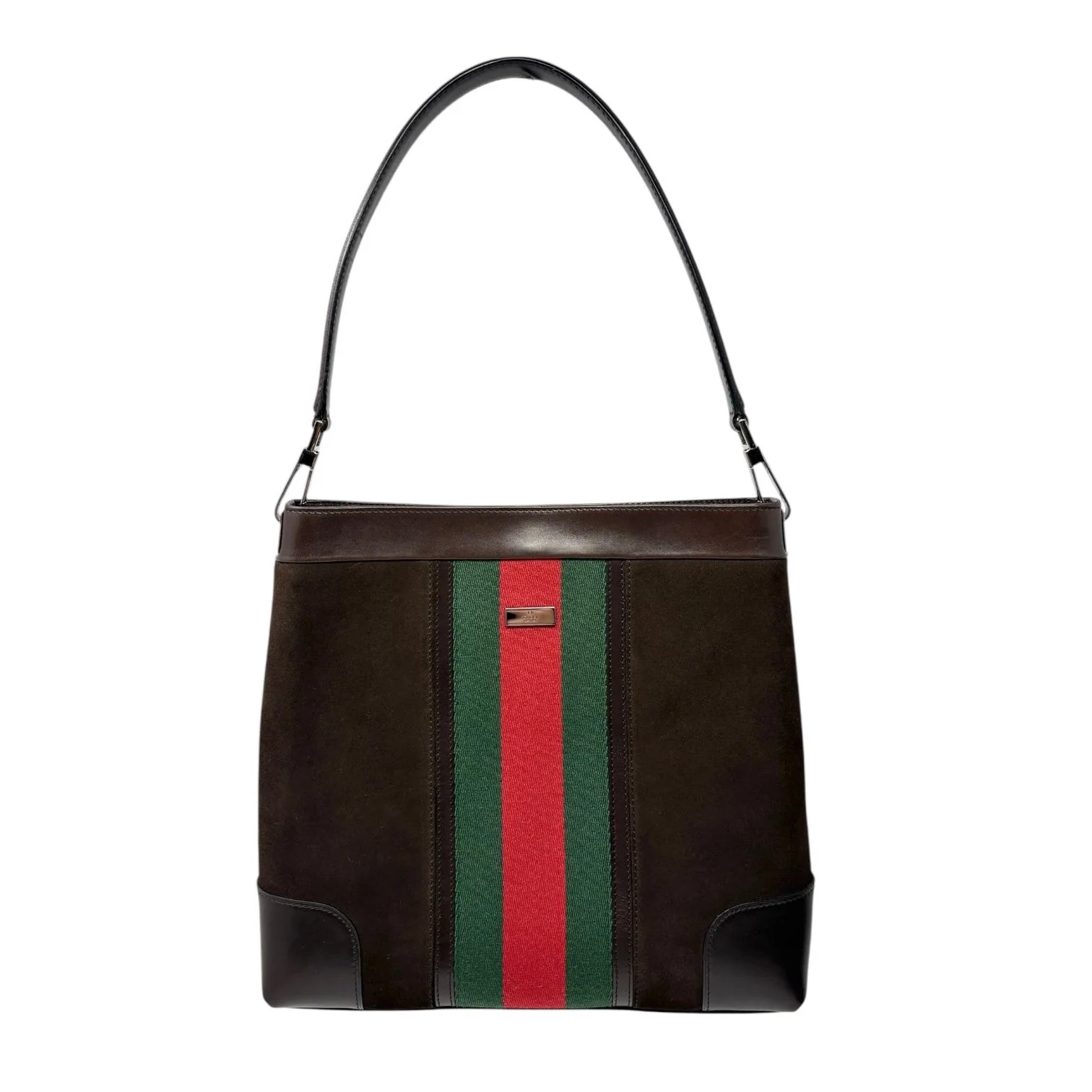 Gucci Logo Stripe Suede Shoulder Bag