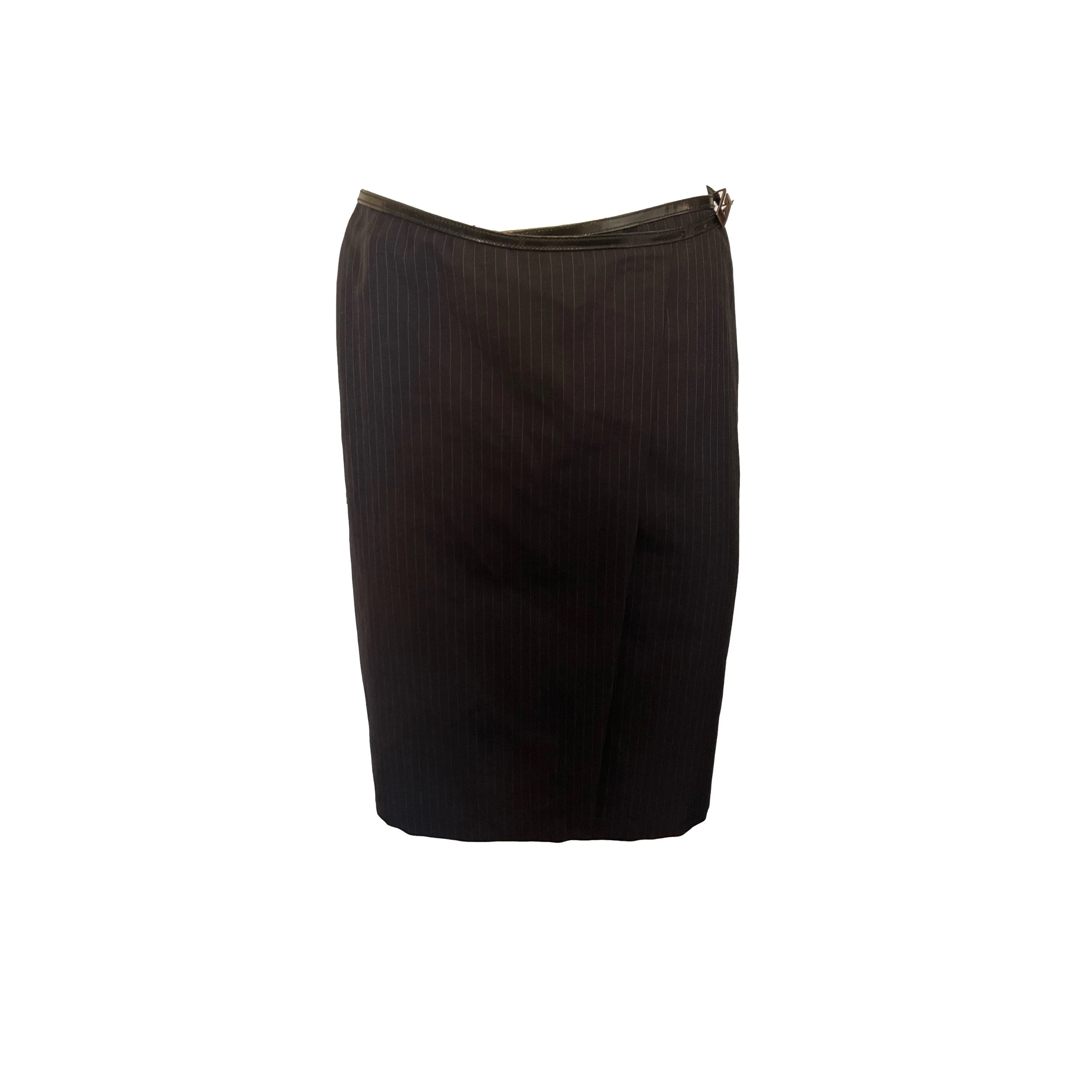 Gucci Navy Pinstripe Belted Logo Wrap Skirt