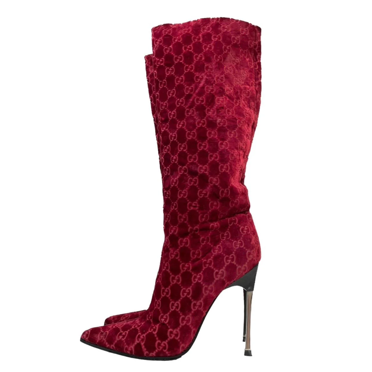 Gucci Red Velour Logo Boots - Image 2