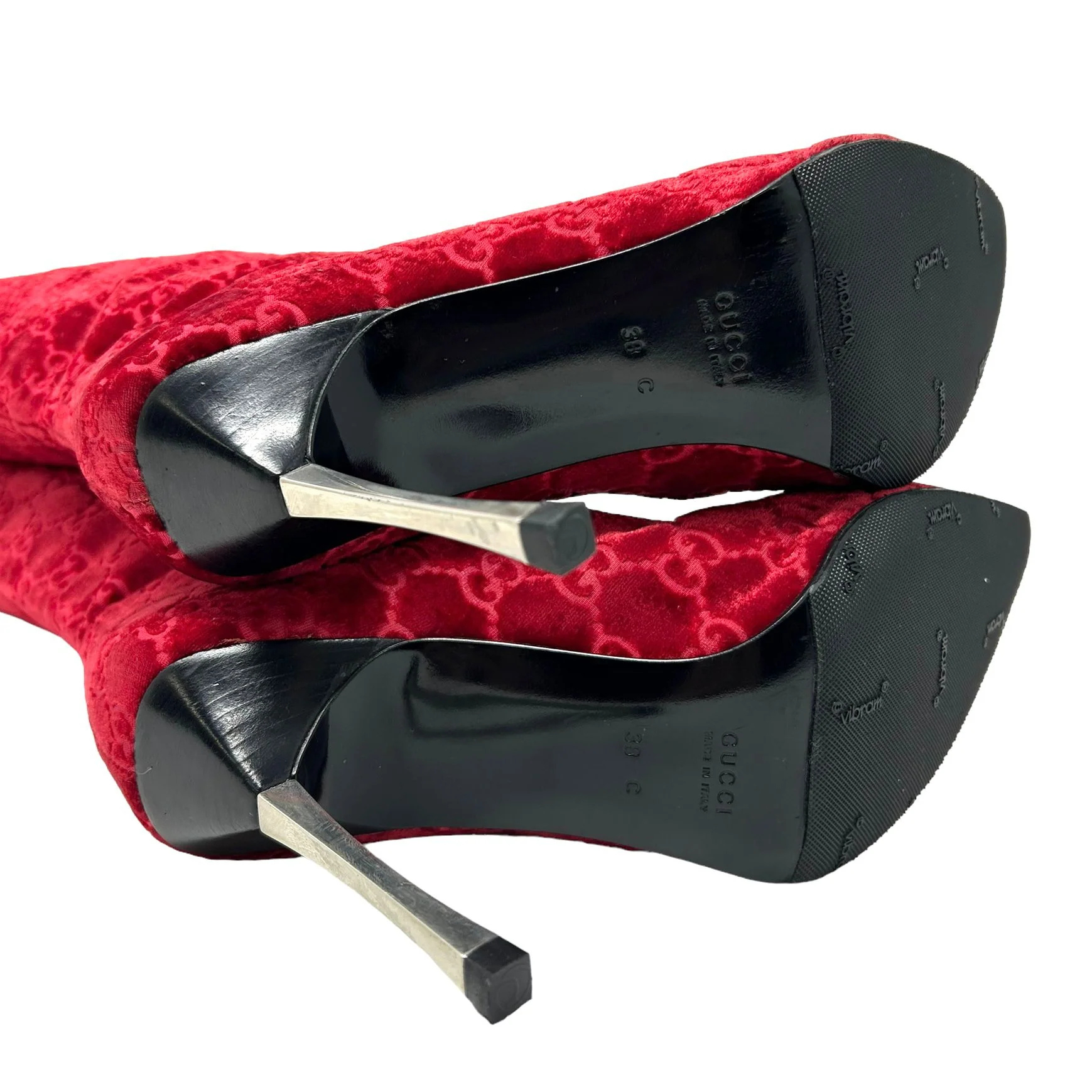 Gucci Red Velvet Knee High Boots - Image 3