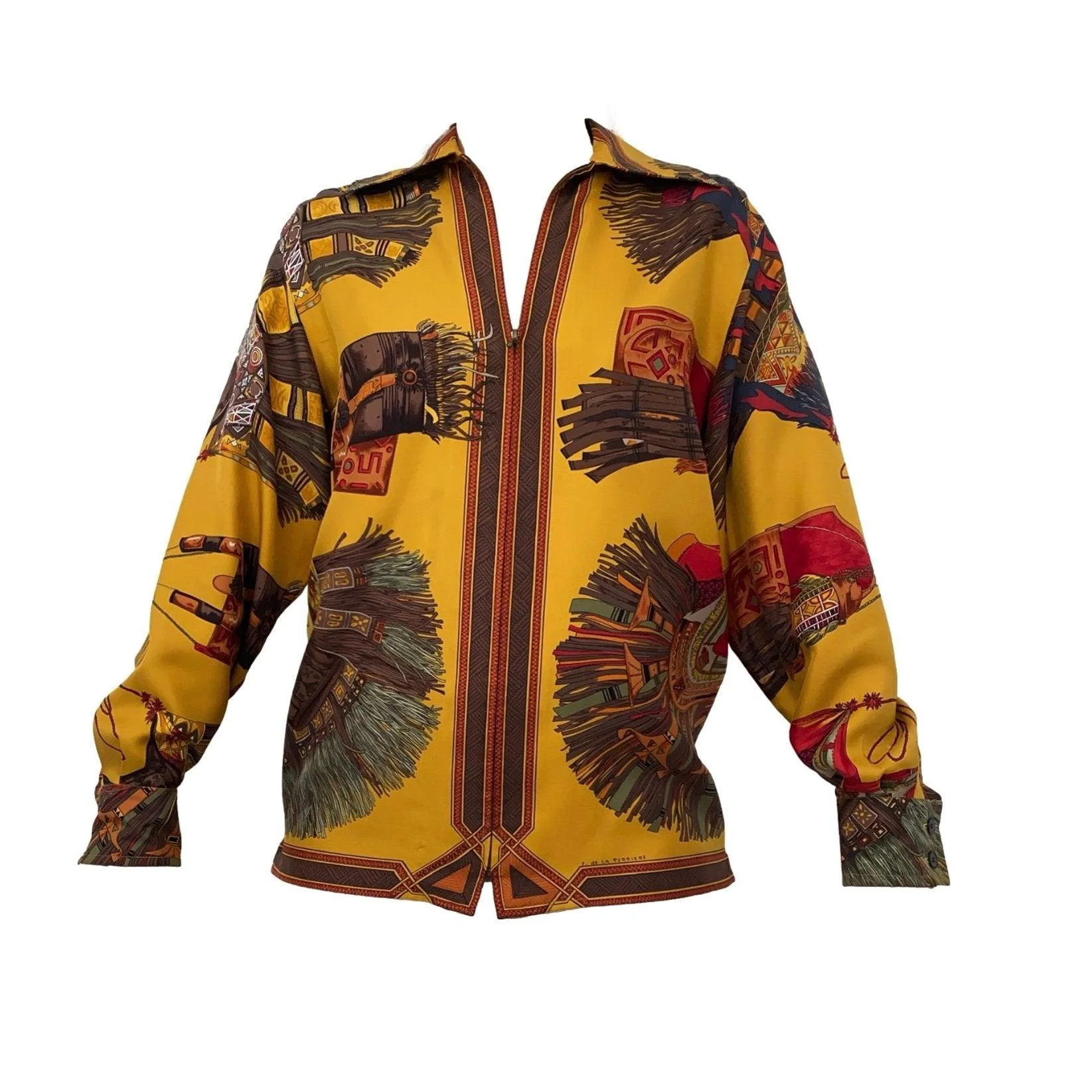 Hermes Yellow Print Silk Zipper Down