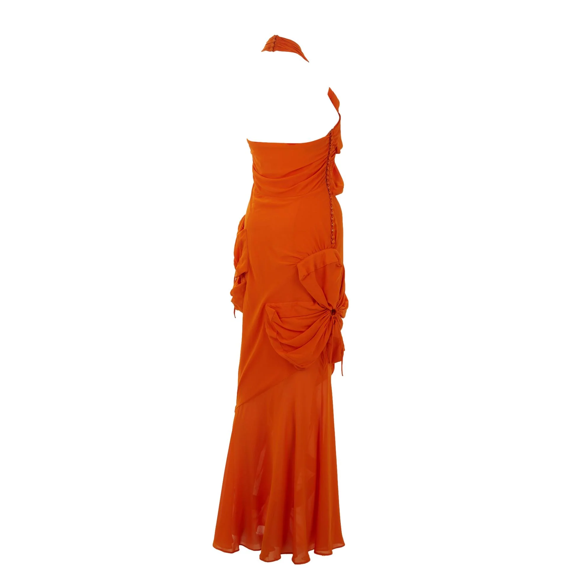 Galliano Orange Rouched Silk Gown - Image 4
