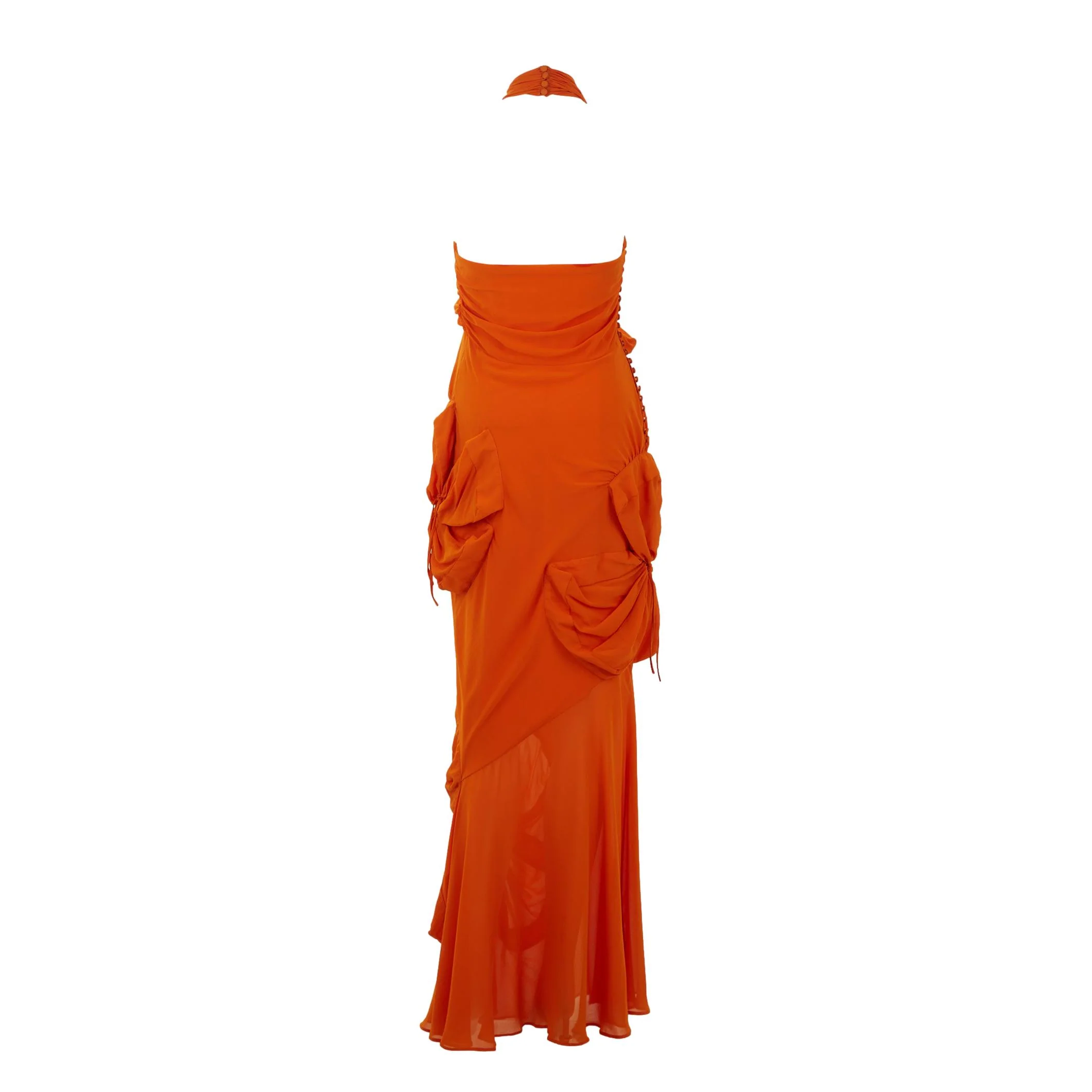 Galliano Orange Rouched Silk Gown - Image 5