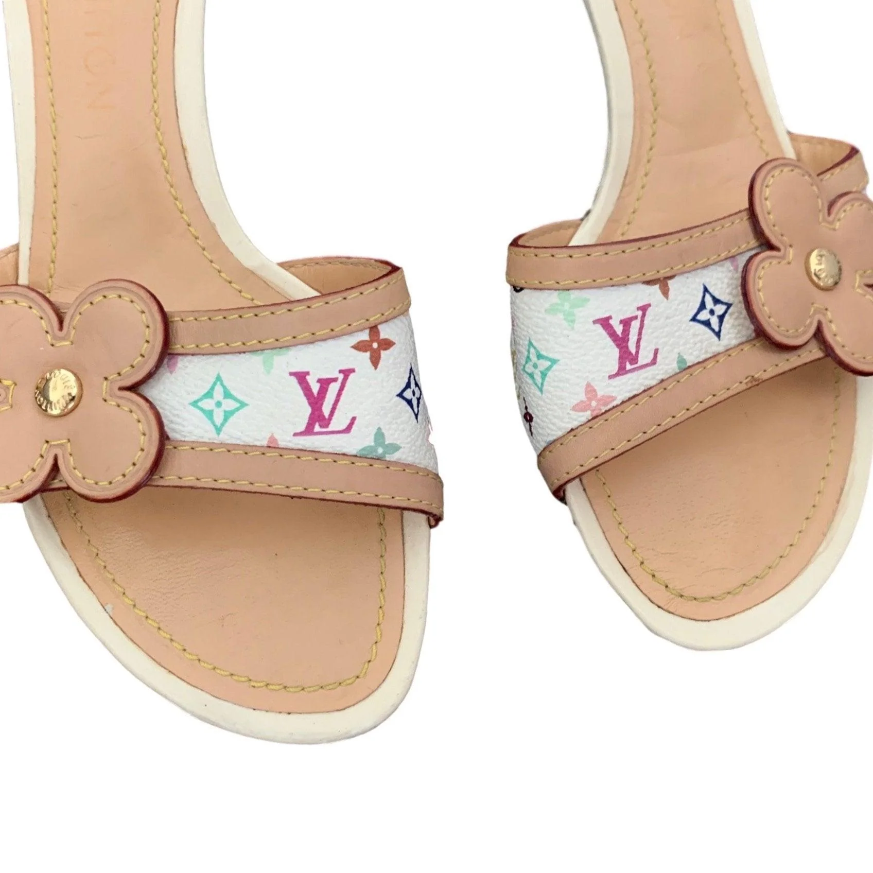 Louis Vuitton White Multicolor Flower Logo Kitten Heels - Image 2
