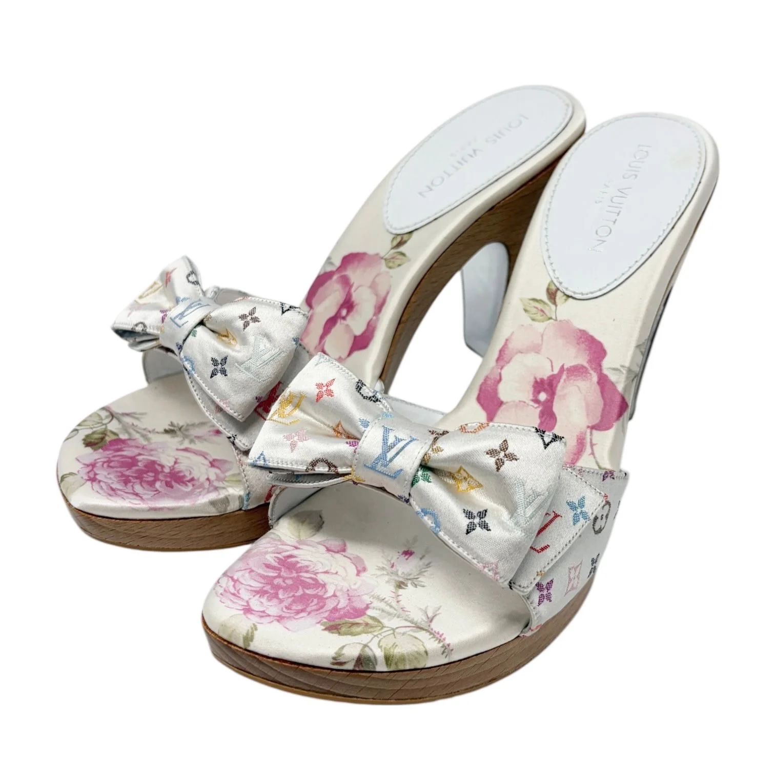 Louis Vuitton White Multicolor Satin Heels - Image 3