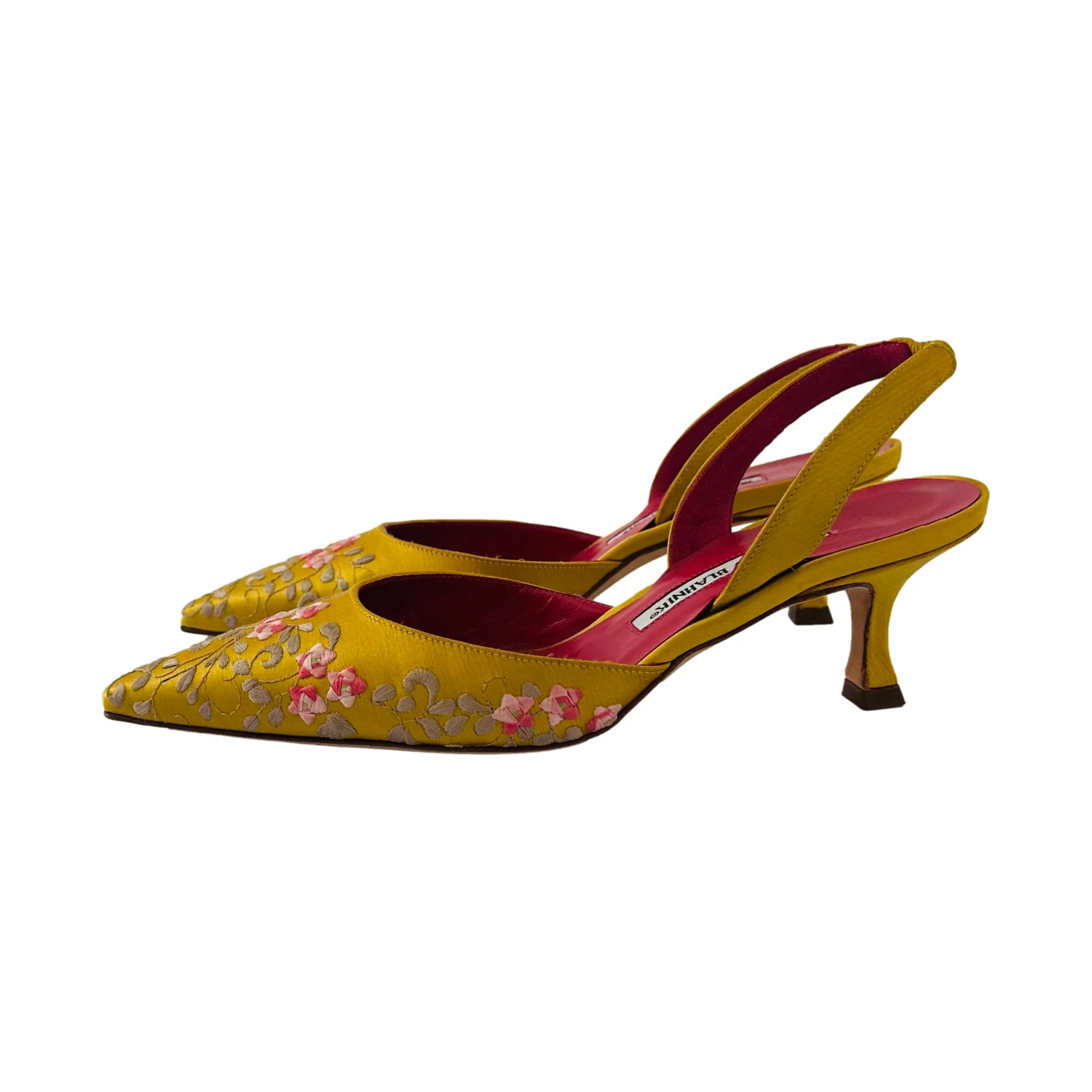 Manola Blahnik Yellow Embroidered Heels - Image 2