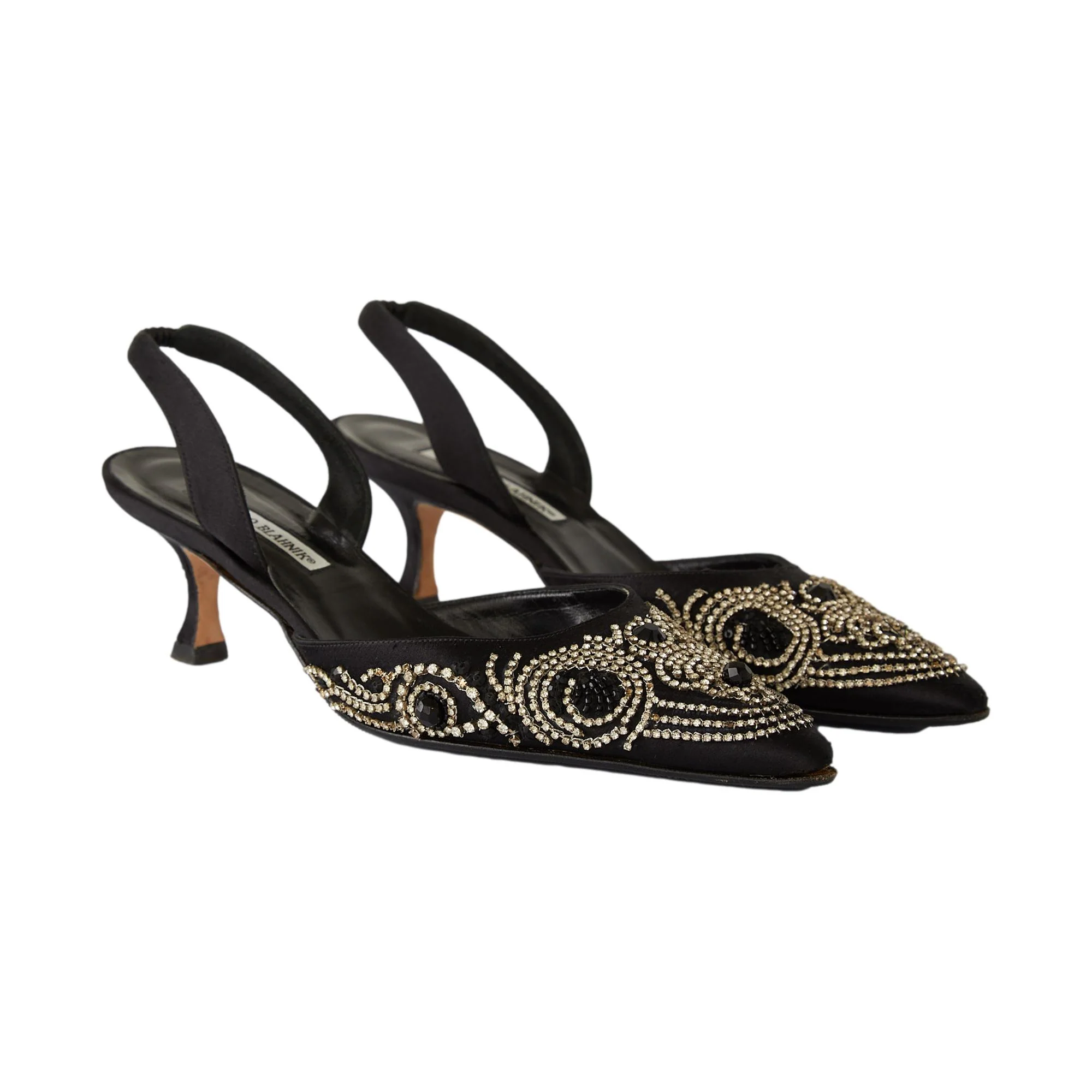 Manolo Blahnik Black Satin Rhinestone Kitten Heels - Image 2