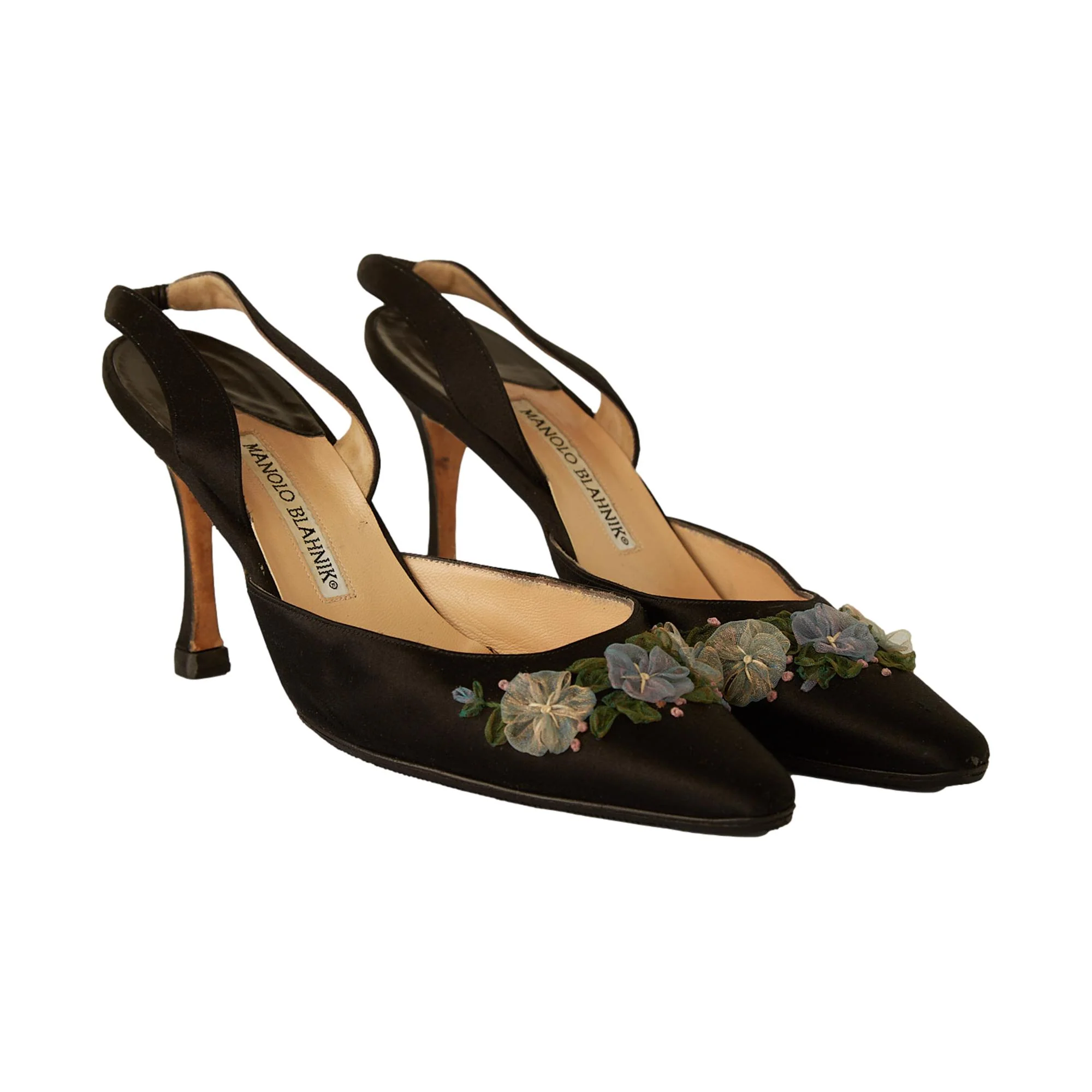 Manolo Blahnik Black Satin Flower Heels - Image 2