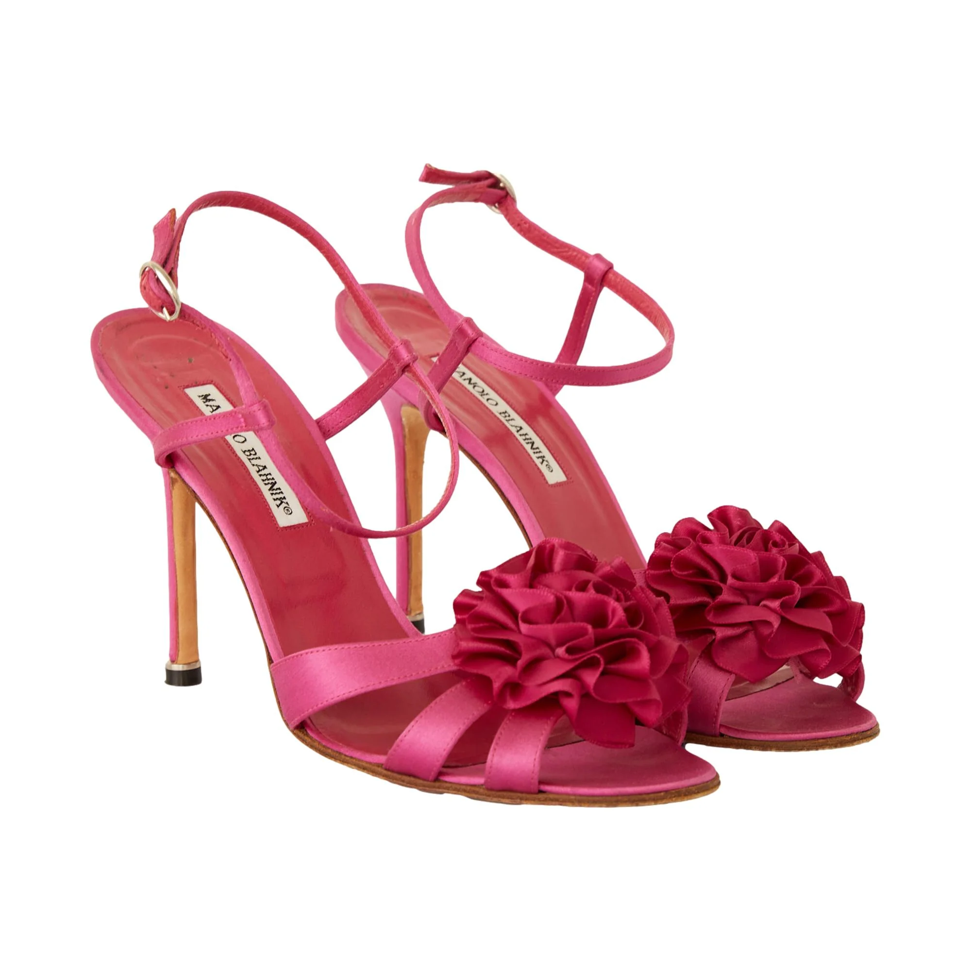 Manolo Blahnik Fuschia Satin Flower Heels - Image 2