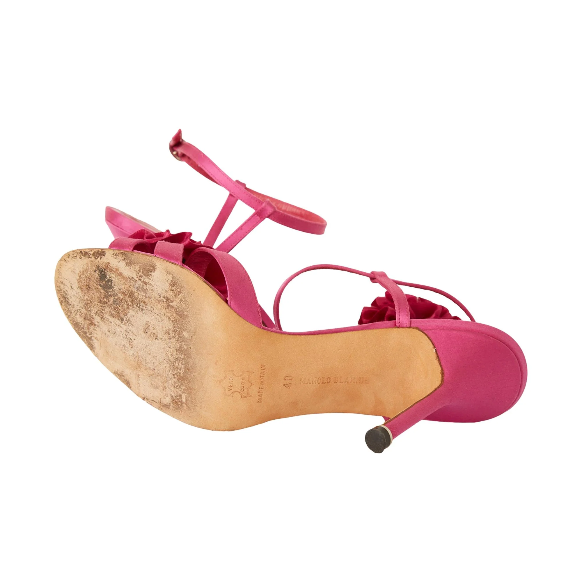 Manolo Blahnik Fuschia Satin Flower Heels - Image 4