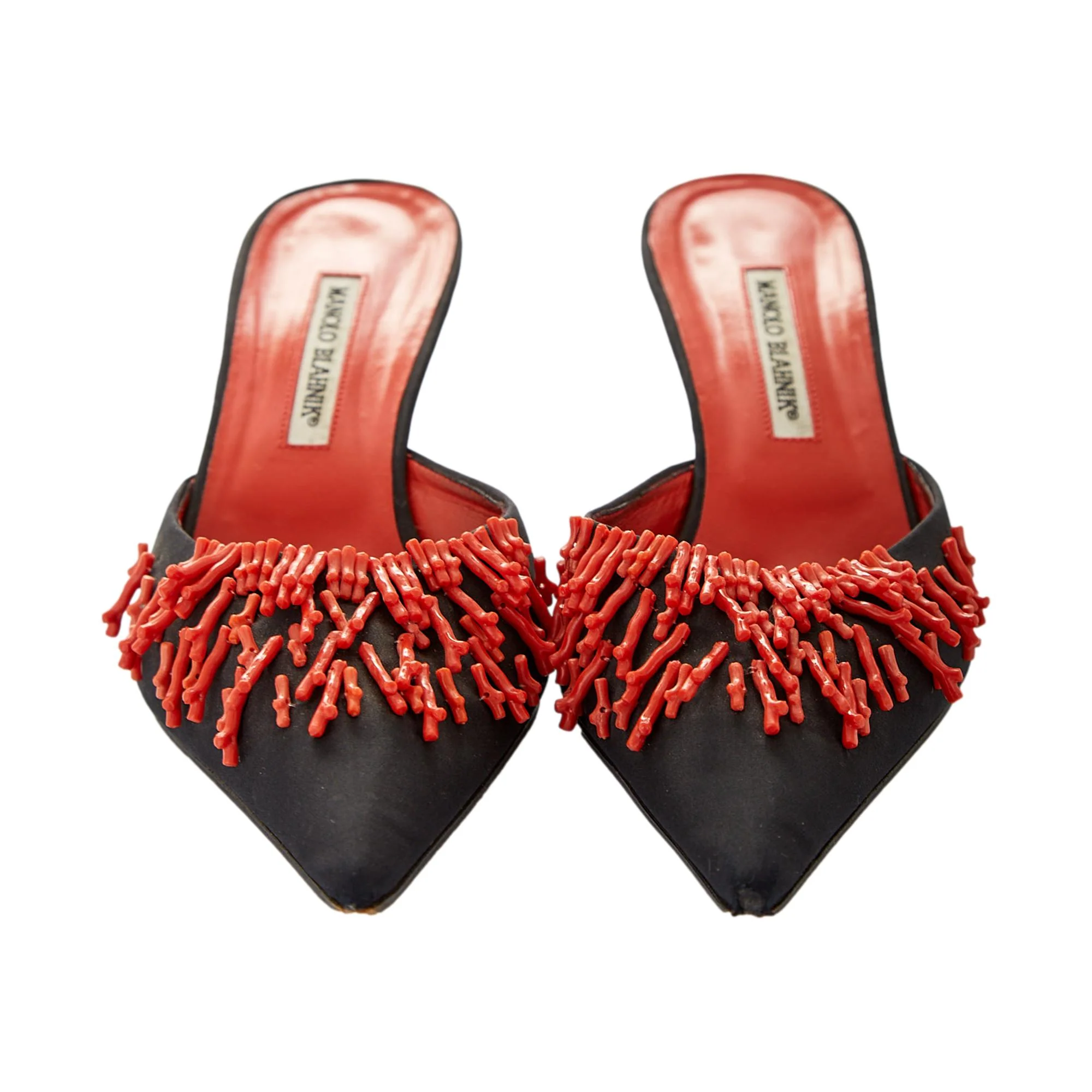 Manolo Blahnik Multi Coral Beaded Kitten Heel Mules - Image 2