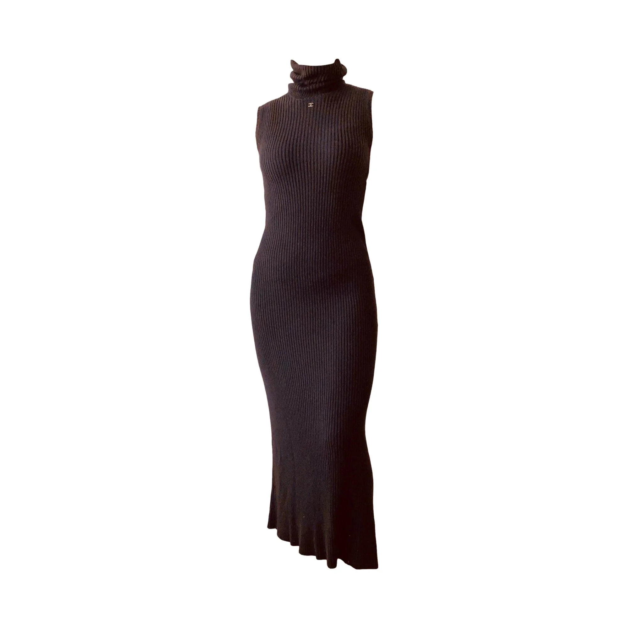 Chanel Brown Ribbed Logo Maxi Dress