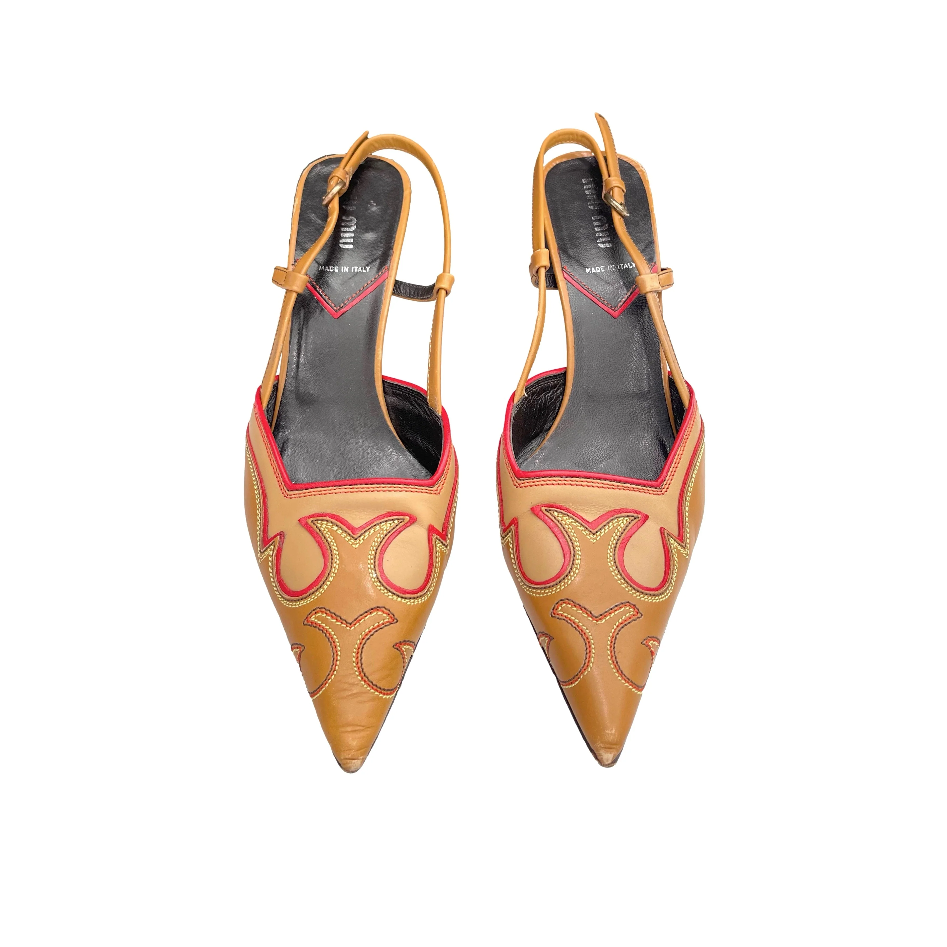 Miu Miu Brown Leather Embroidered Heels