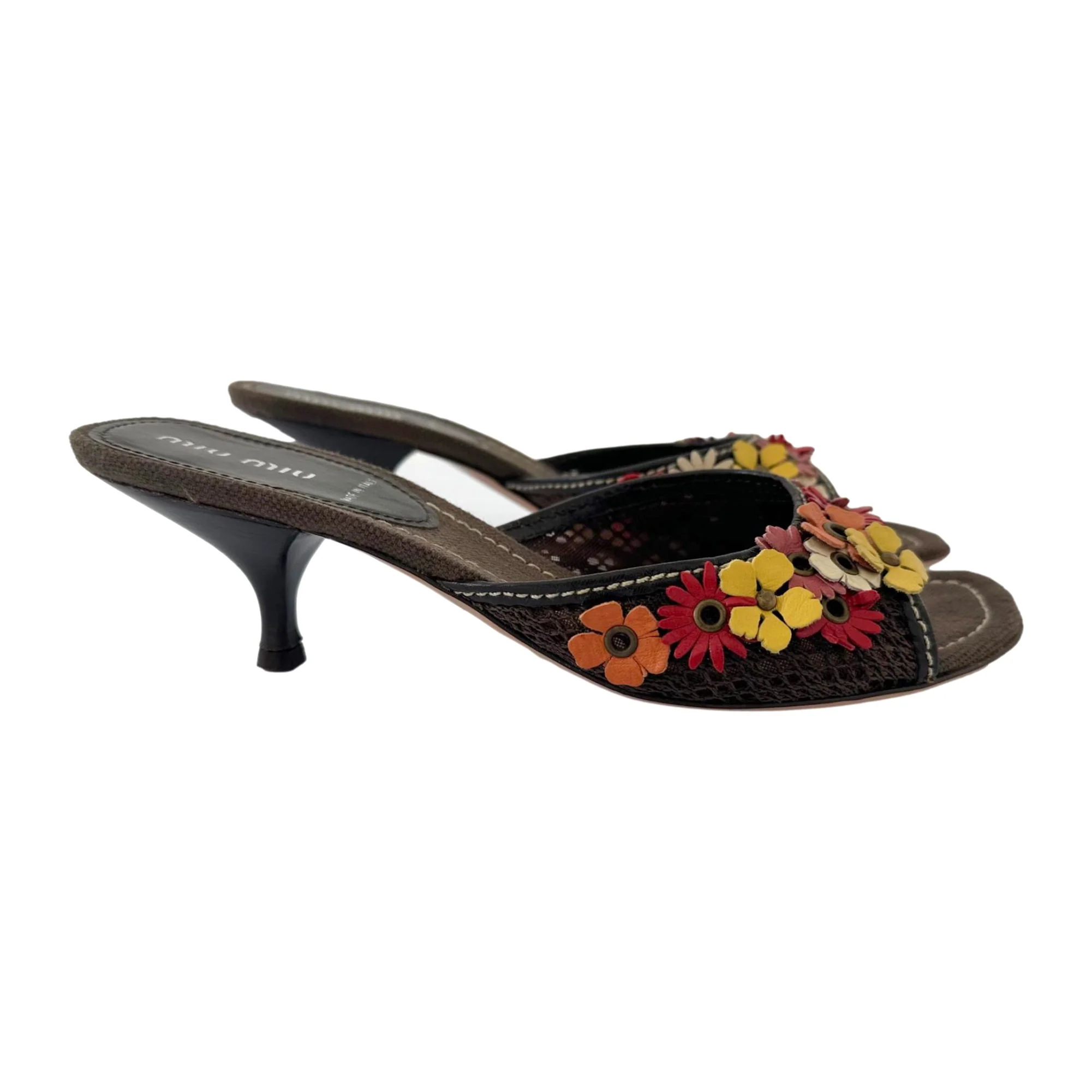 Miu Miu Brown Leather Flower Kitten Heels - Image 4