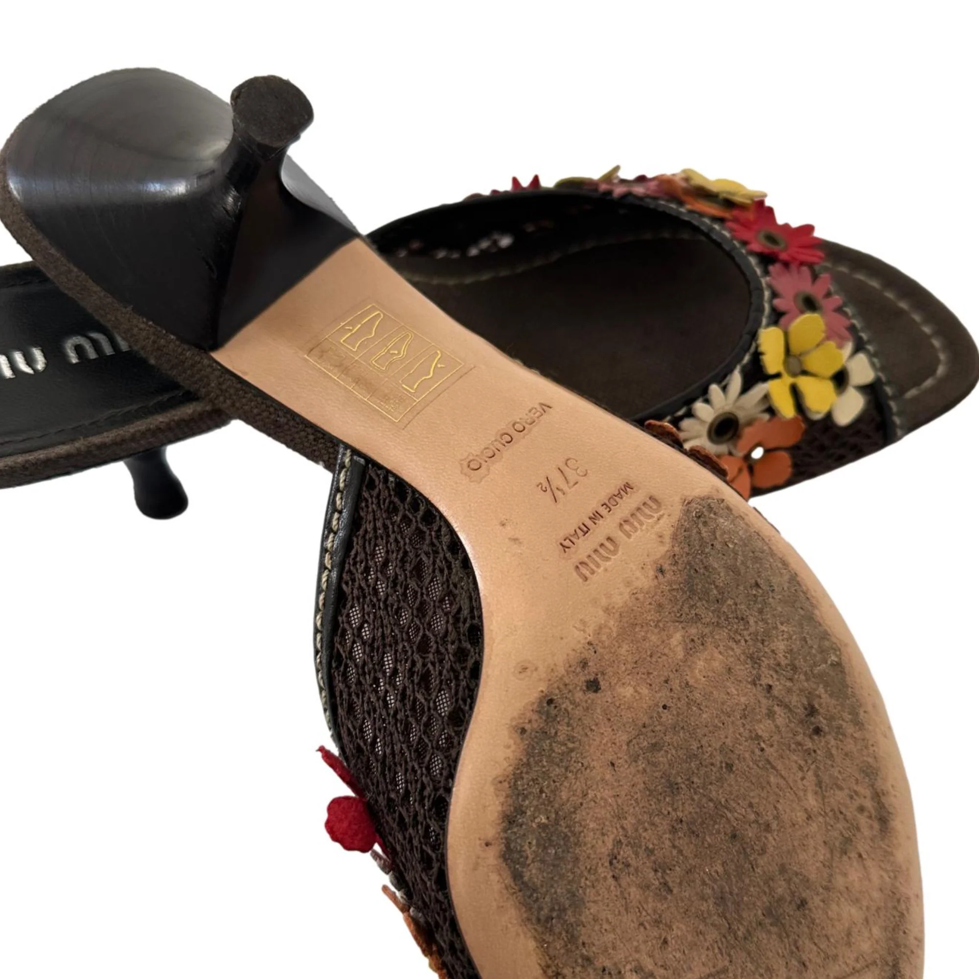 Miu Miu Brown Leather Flower Kitten Heels - Image 5