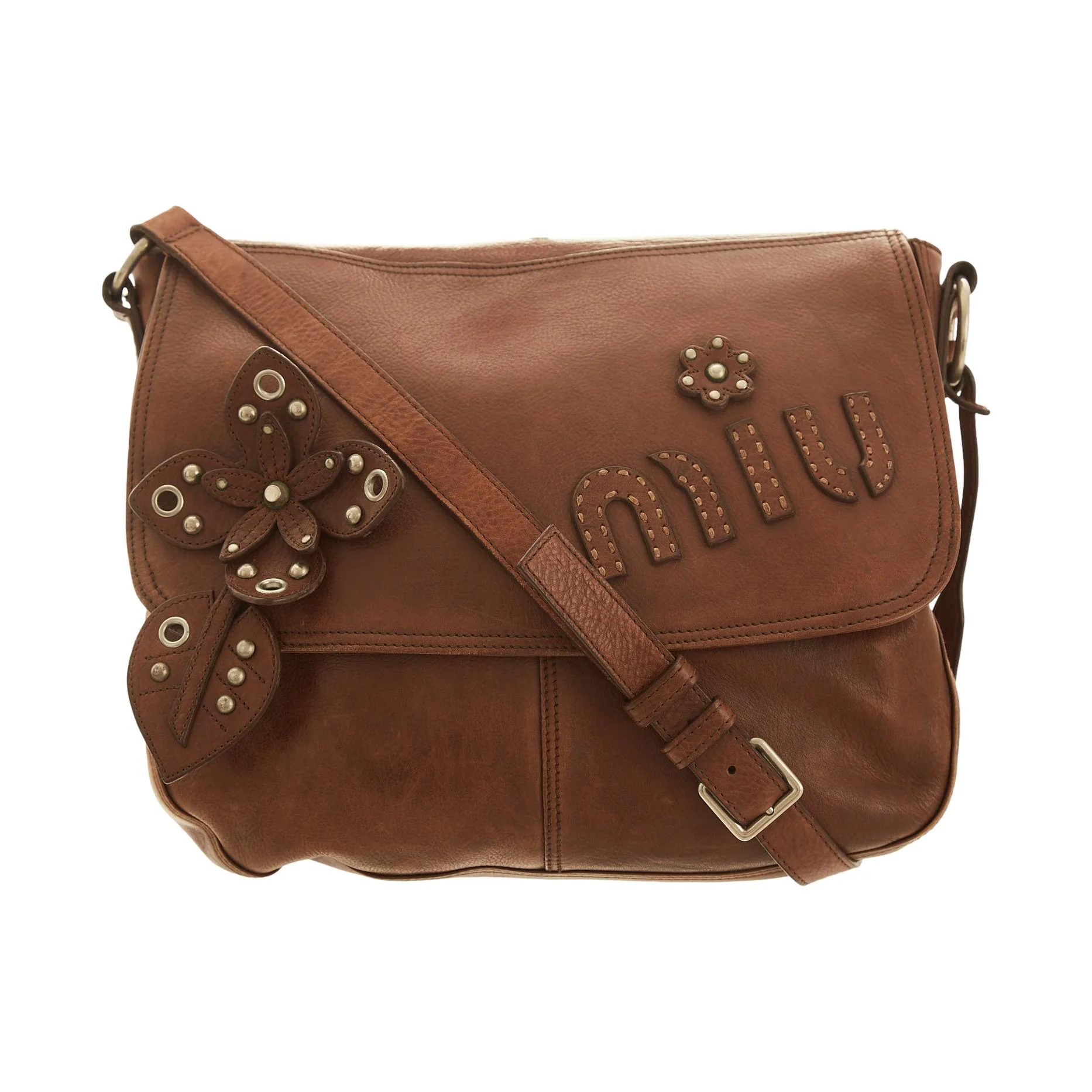Miu Miu Brown Studded Flower Messenger Bag
