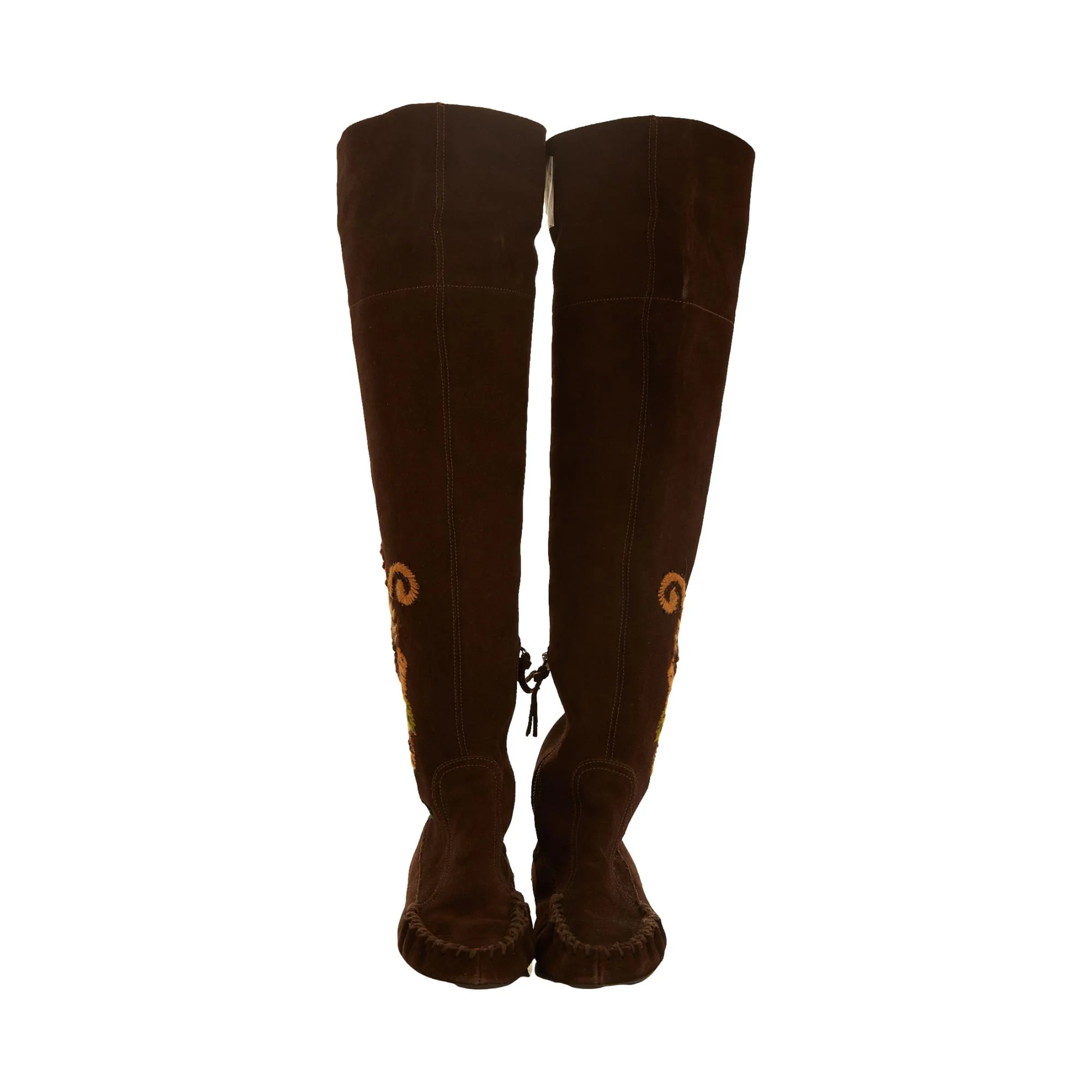 Miu Miu Brown Suede Floral Embroidered Over-Knee Boots - Image 3