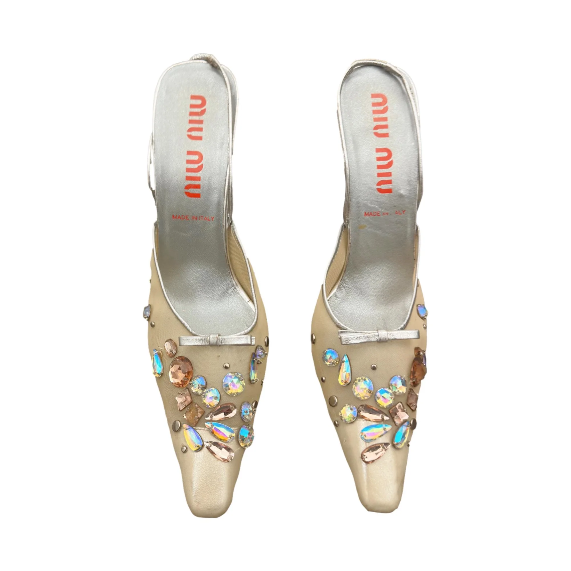 Miu Miu Sheer Nude + Silver Gem Heels