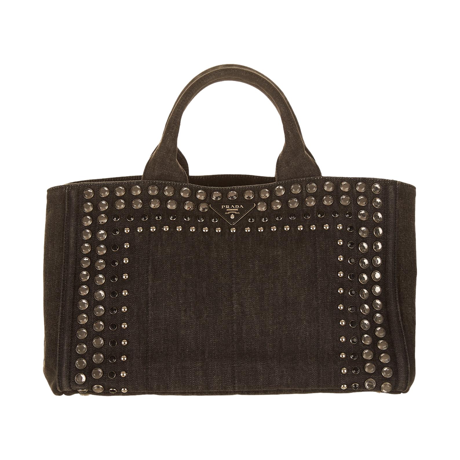 Prada Black Denim Studded Canapa Tote