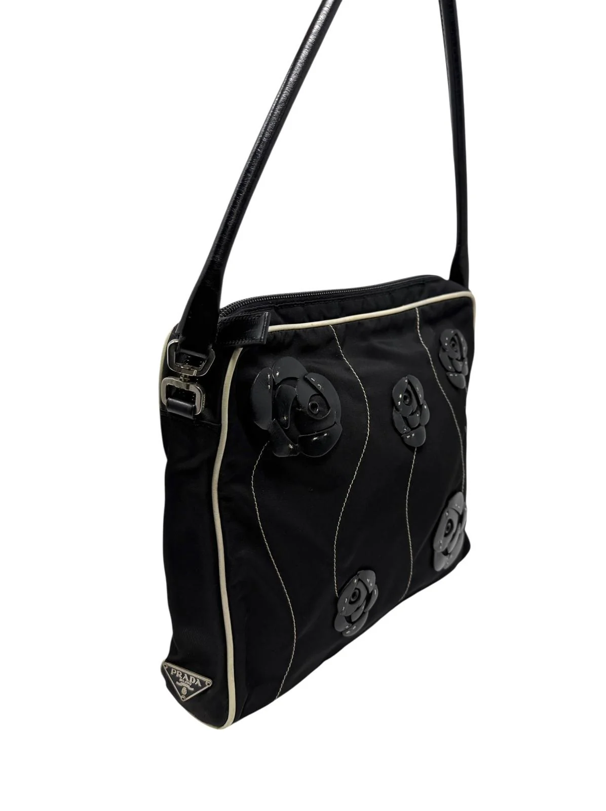 Prada Black Floral Nylon Shoulder Bag - Image 3