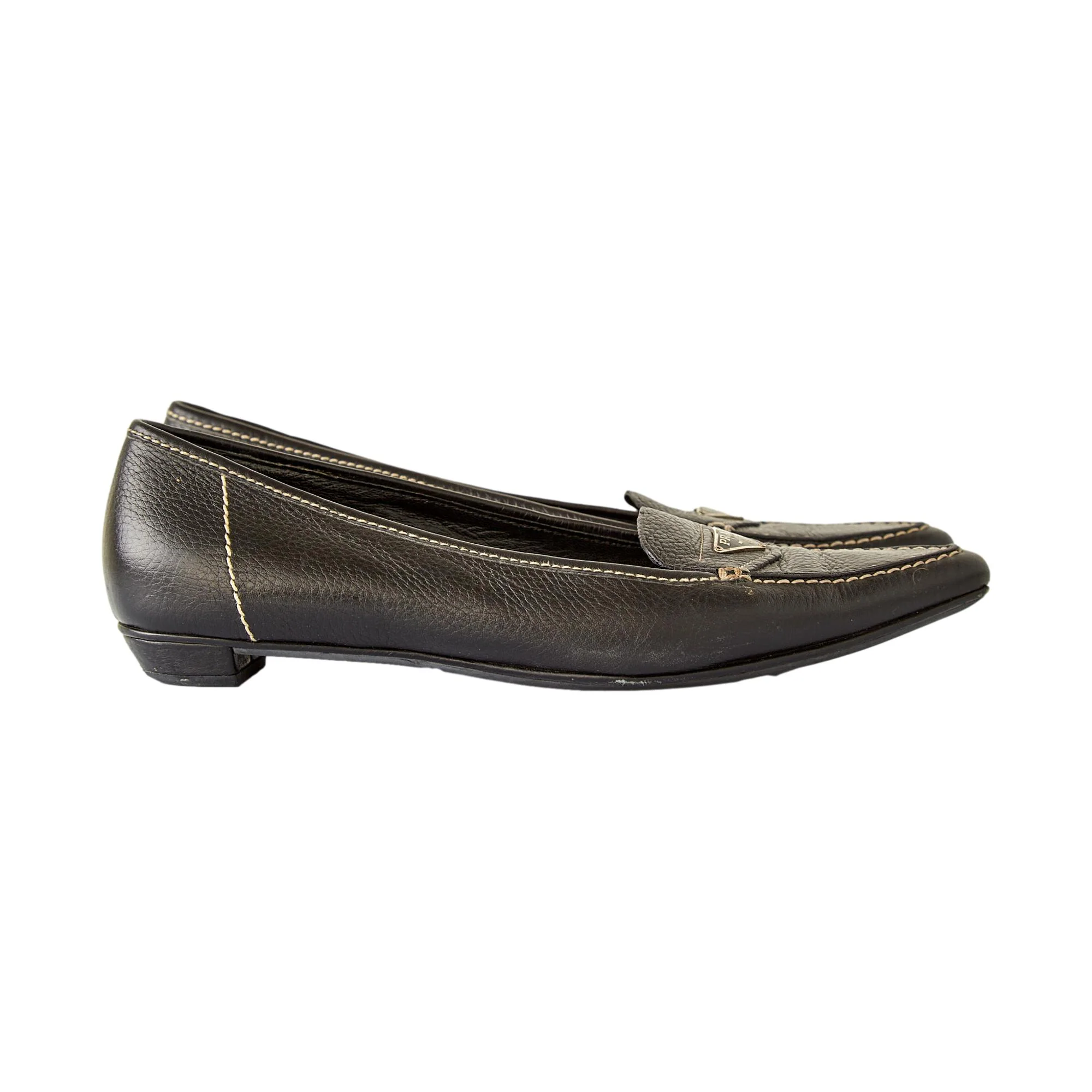 Prada Black Leather Contrast Stitch Flats - Image 2