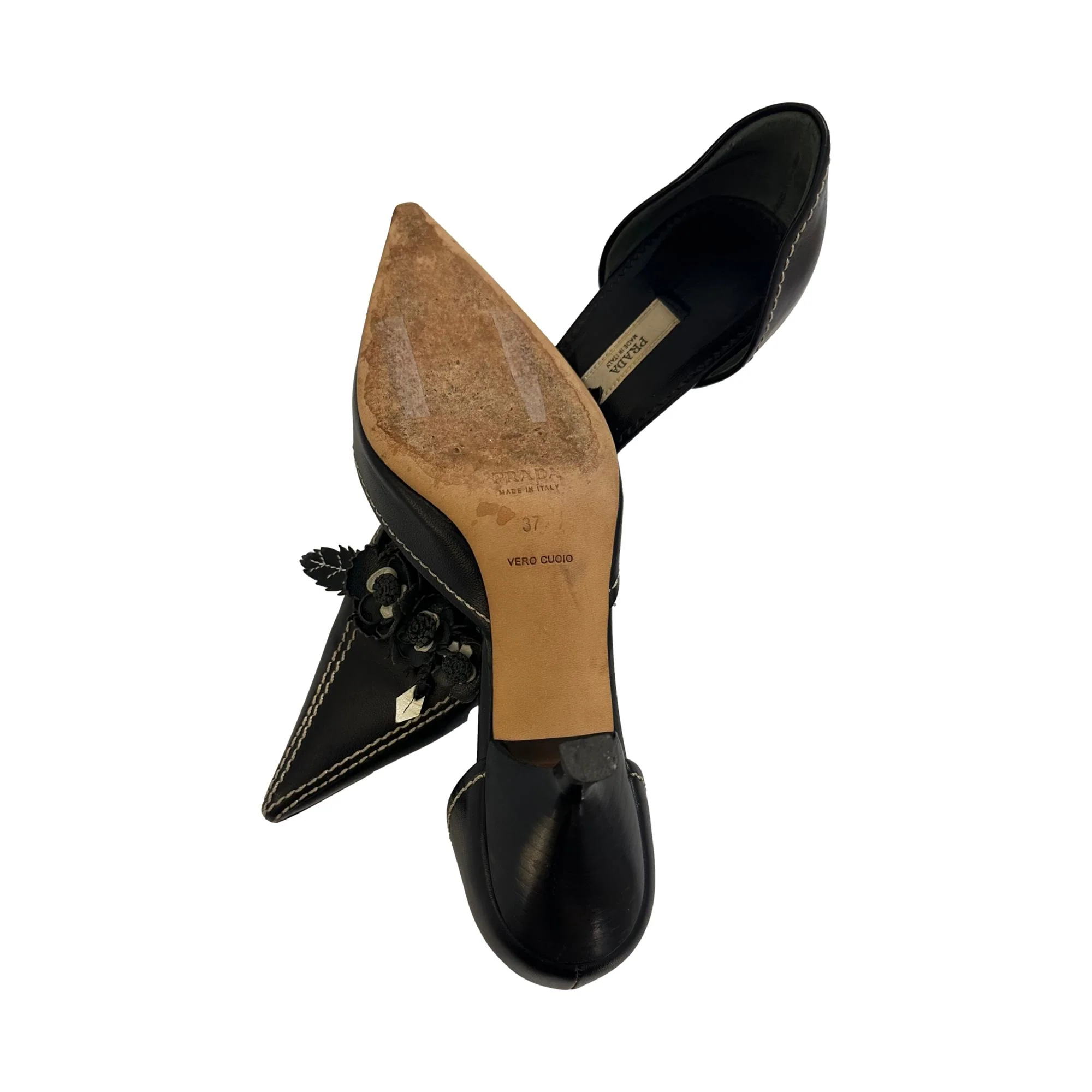 Prada Black Leather Floral Appliqué Kitten Heels - Image 3