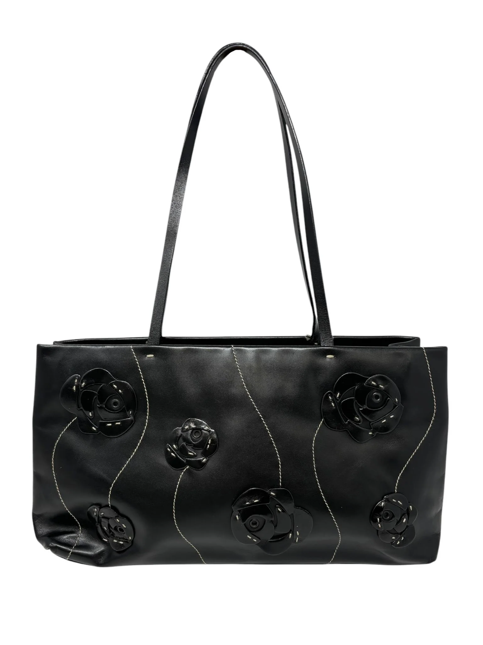 Prada Black Leather Floral Shoulder Bag - Image 2