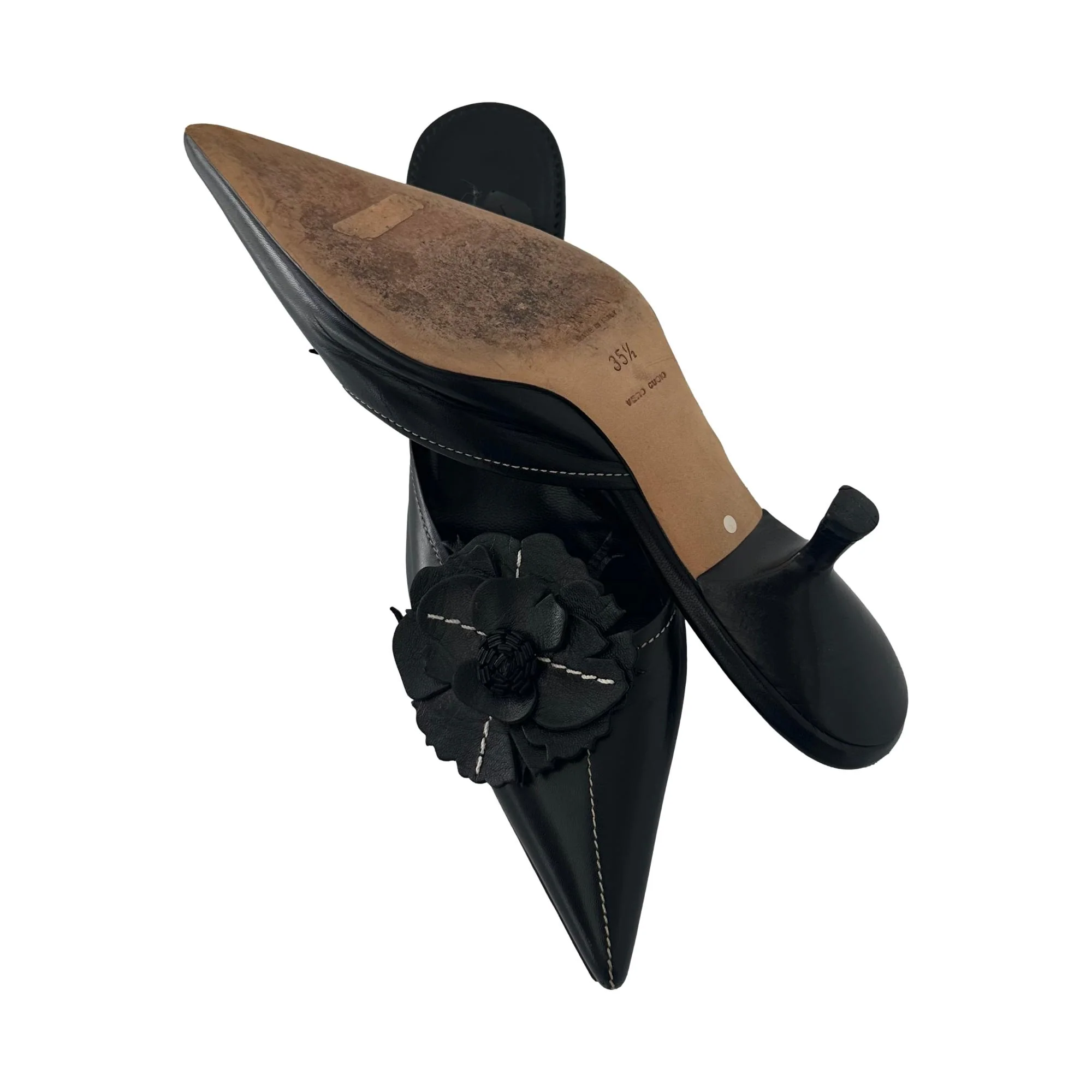 Prada Black Leather Flower Kitten Heels - Image 3