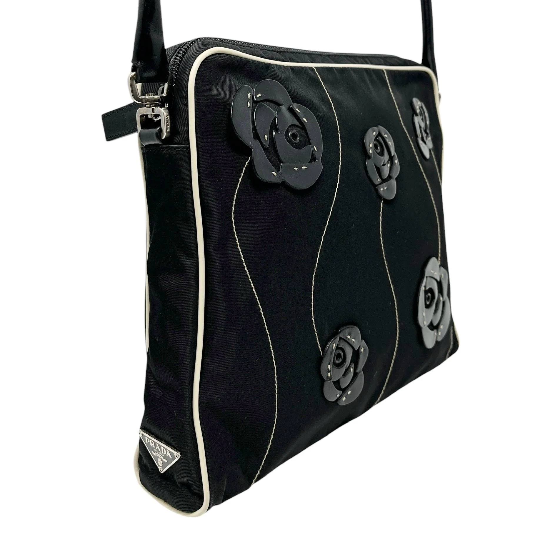 Prada Black Nylon Flower Top Handle Bag - Image 3