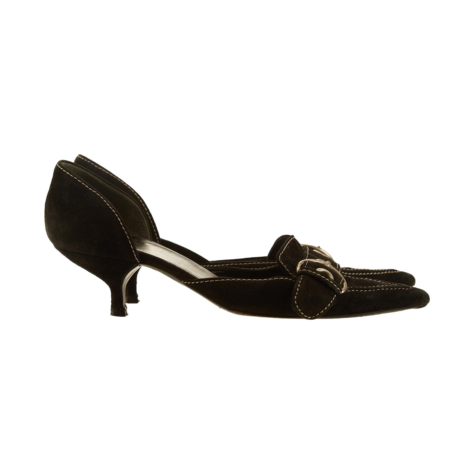 Prada Black Suede Buckle Heels - Image 2