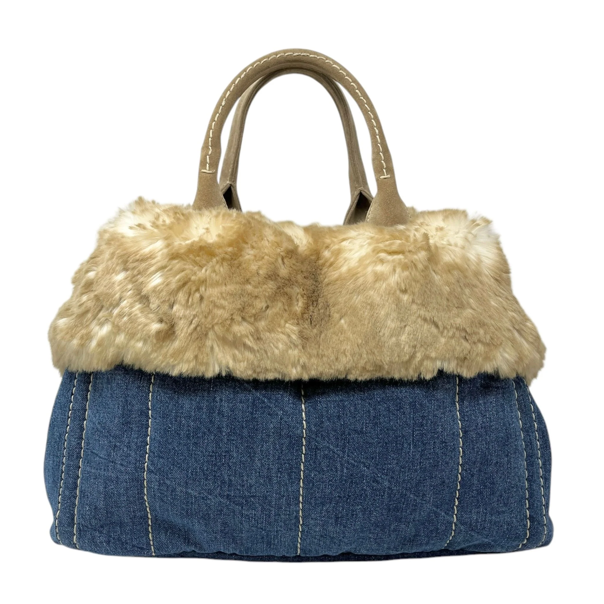 Prada Blonde Fur Denim Top Handle Bag - Image 2